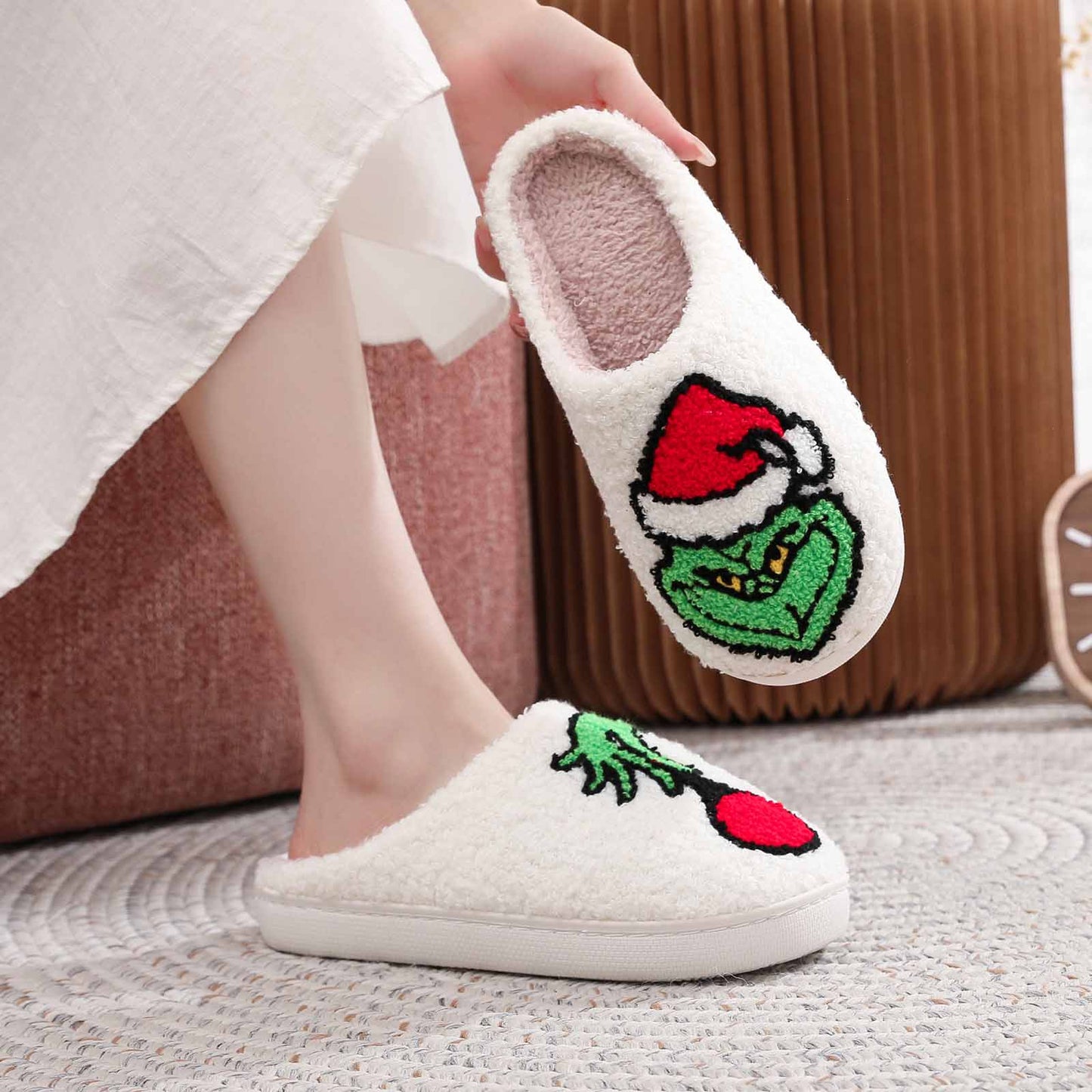 Cute Christmas Slippers Women Men Fun Santa Elk Slippers Soft Non-Slip Plush Warm Couple Home Shoes