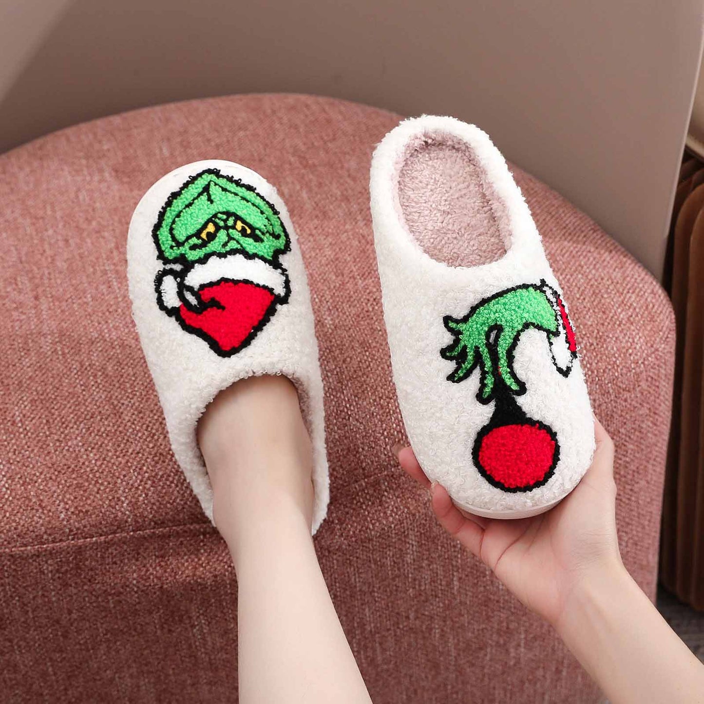 Cute Christmas Slippers Women Men Fun Santa Elk Slippers Soft Non-Slip Plush Warm Couple Home Shoes