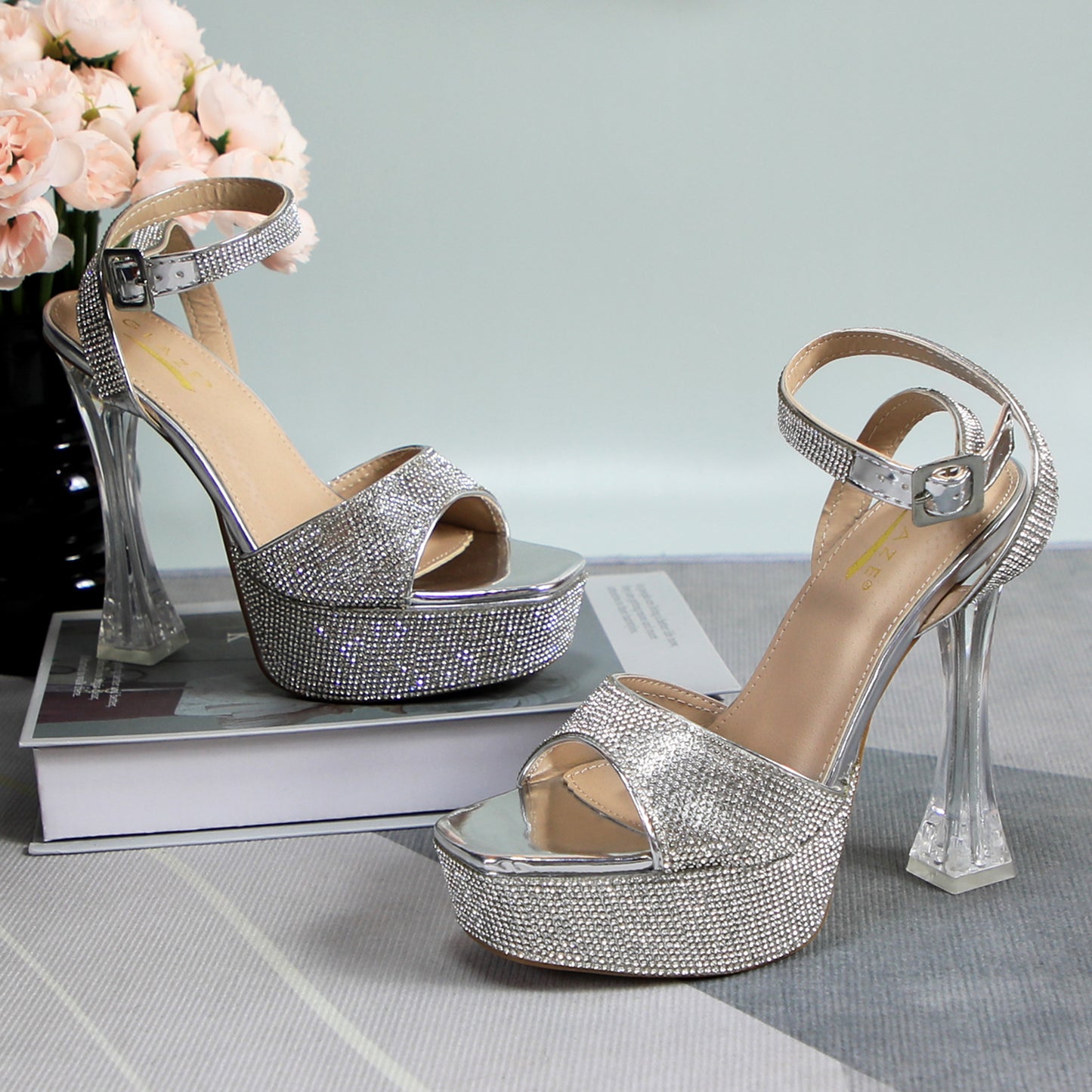 Women Platform Crystal Block Heels Sandals Open Square Toe Ankle Strap Rhinestone Studs Evening Event Party Shoes