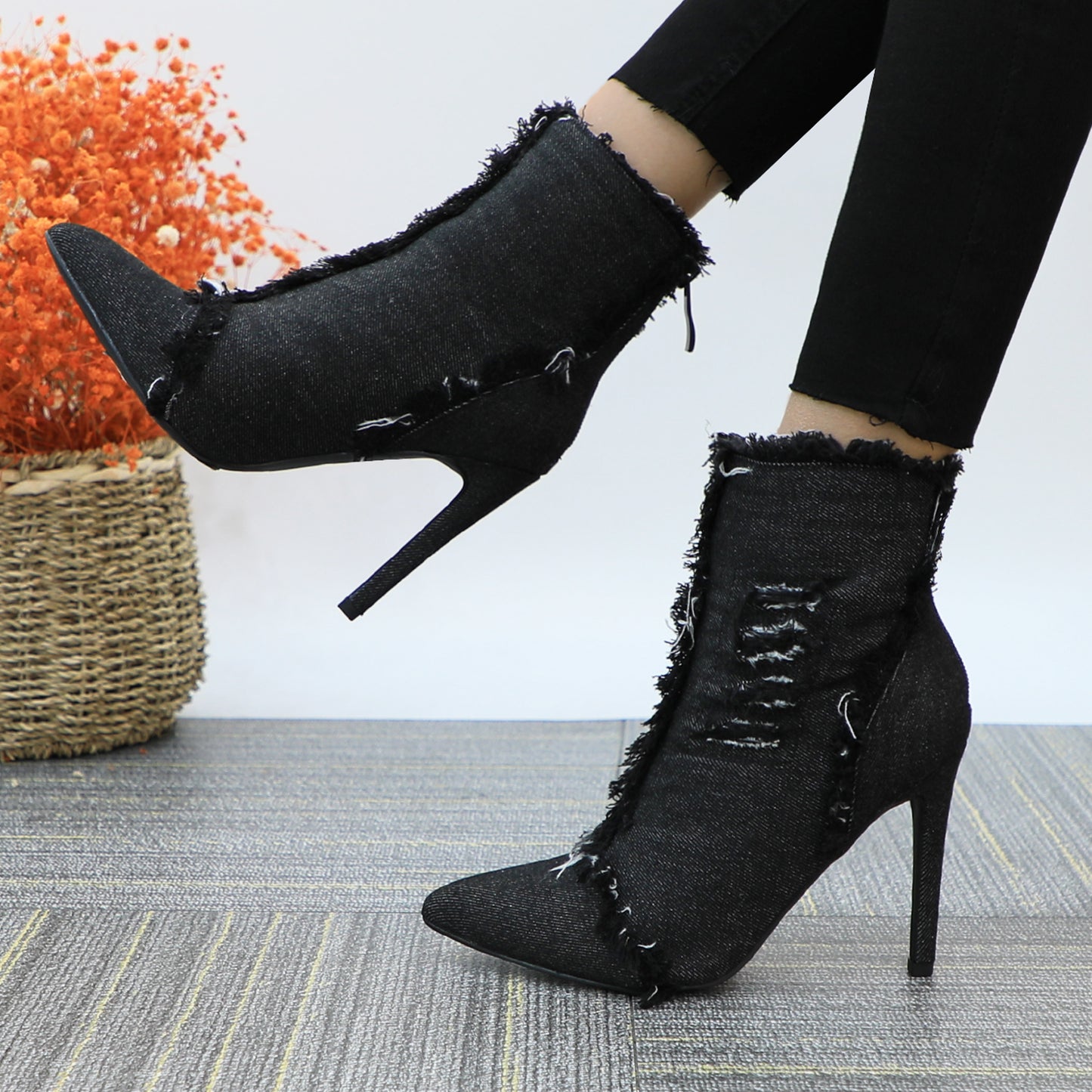 Women Fashion High Heels Pointed Toe Denim Ankle Boots Concise Short Booties