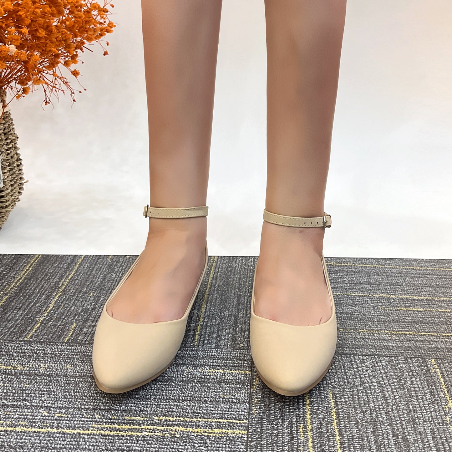 Womens Low Kitten Heel Pumps with Ankle Strap Pointed Toe Dress Shoes