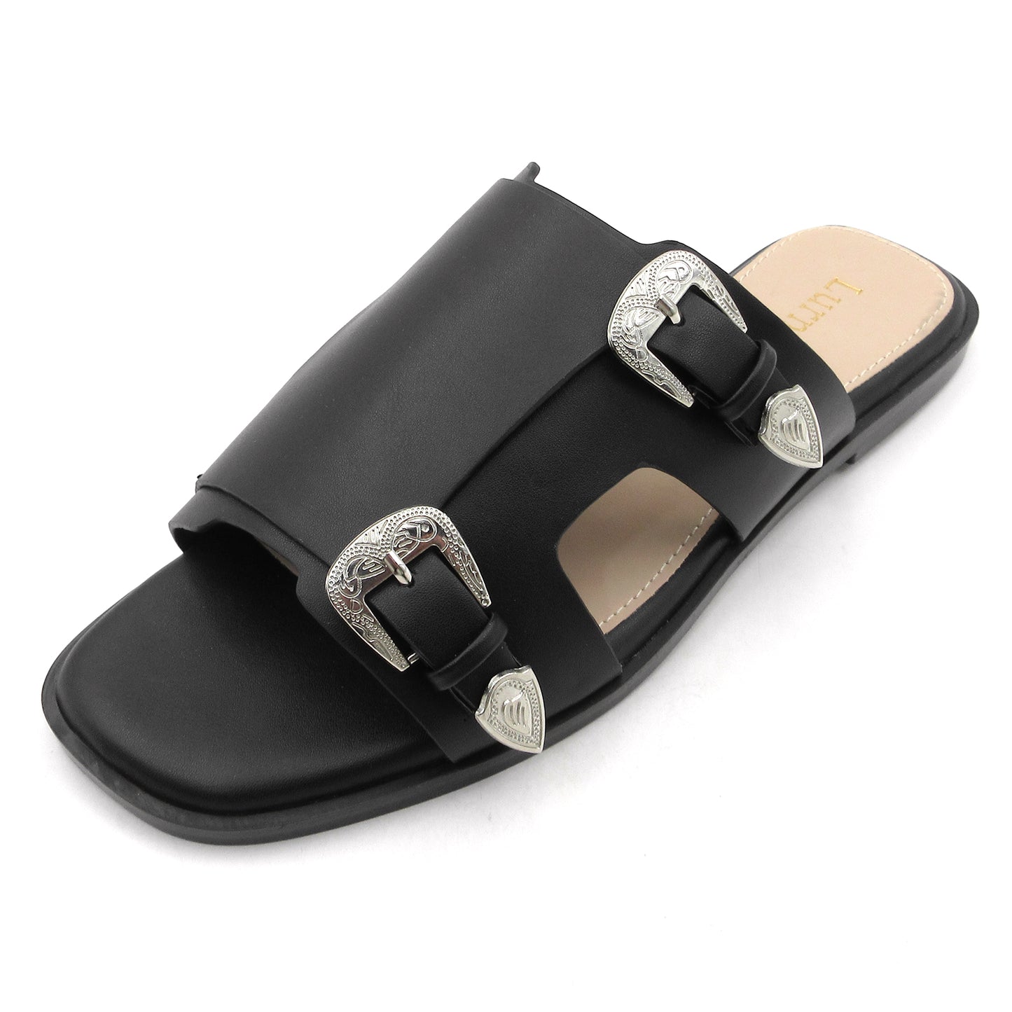 Women's Double Buckle Comfort Cushion Slide Sandals with Western Buckle: Stylish Design, Non-Slip Rubber Sole, Latex Insole for Comfort, Perfect for Shopping, Parties, and Casual Outings