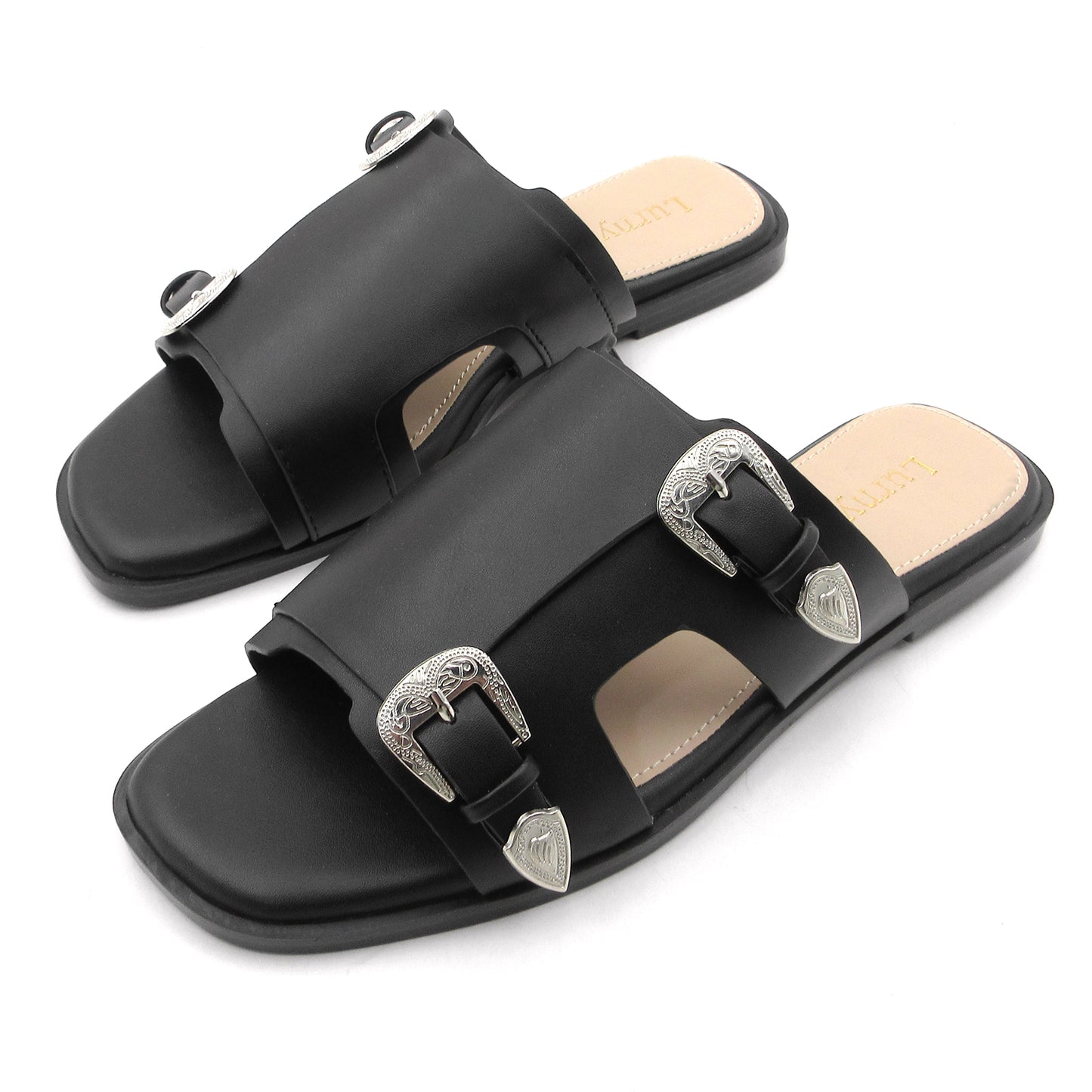 Women's Double Buckle Comfort Cushion Slide Sandals with Western Buckle: Stylish Design, Non-Slip Rubber Sole, Latex Insole for Comfort, Perfect for Shopping, Parties, and Casual Outings