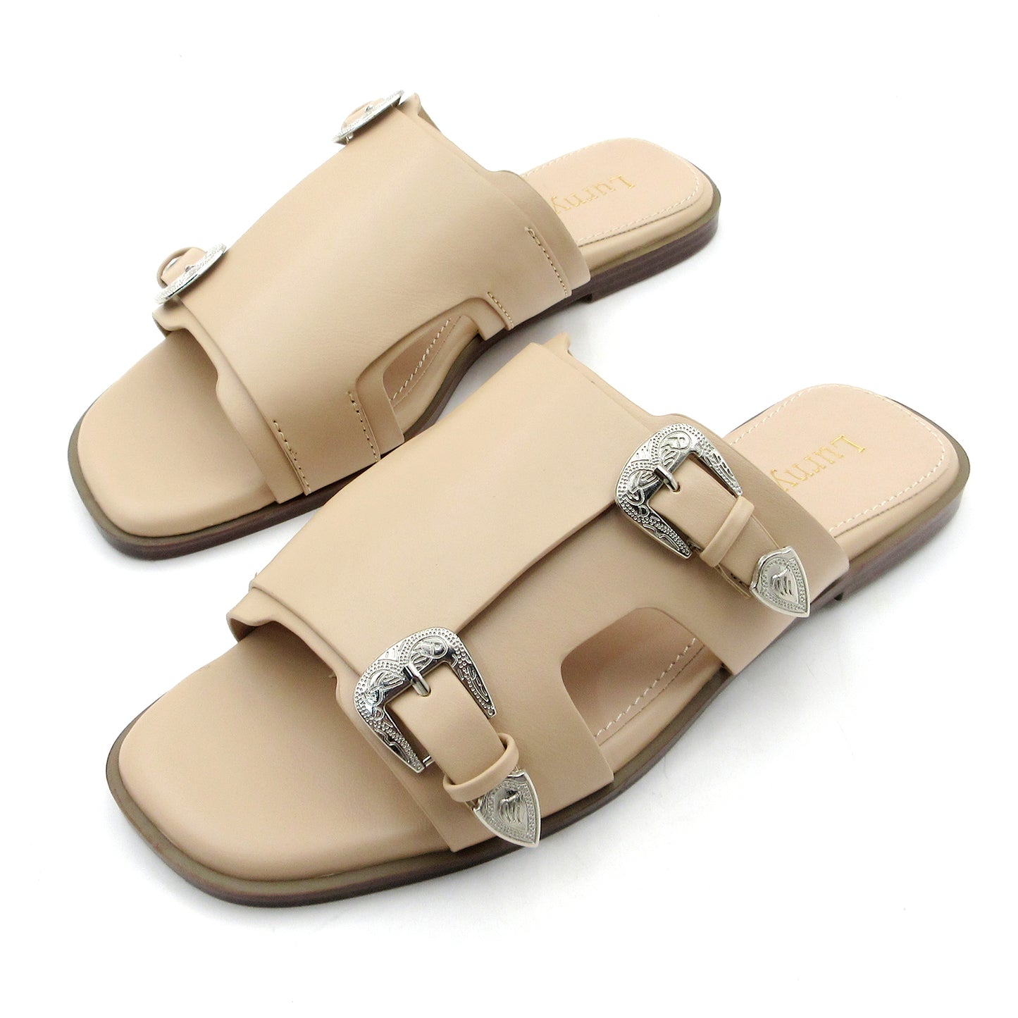 Women's Double Buckle Comfort Cushion Slide Sandals with Western Buckle: Stylish Design, Non-Slip Rubber Sole, Latex Insole for Comfort, Perfect for Shopping, Parties, and Casual Outings