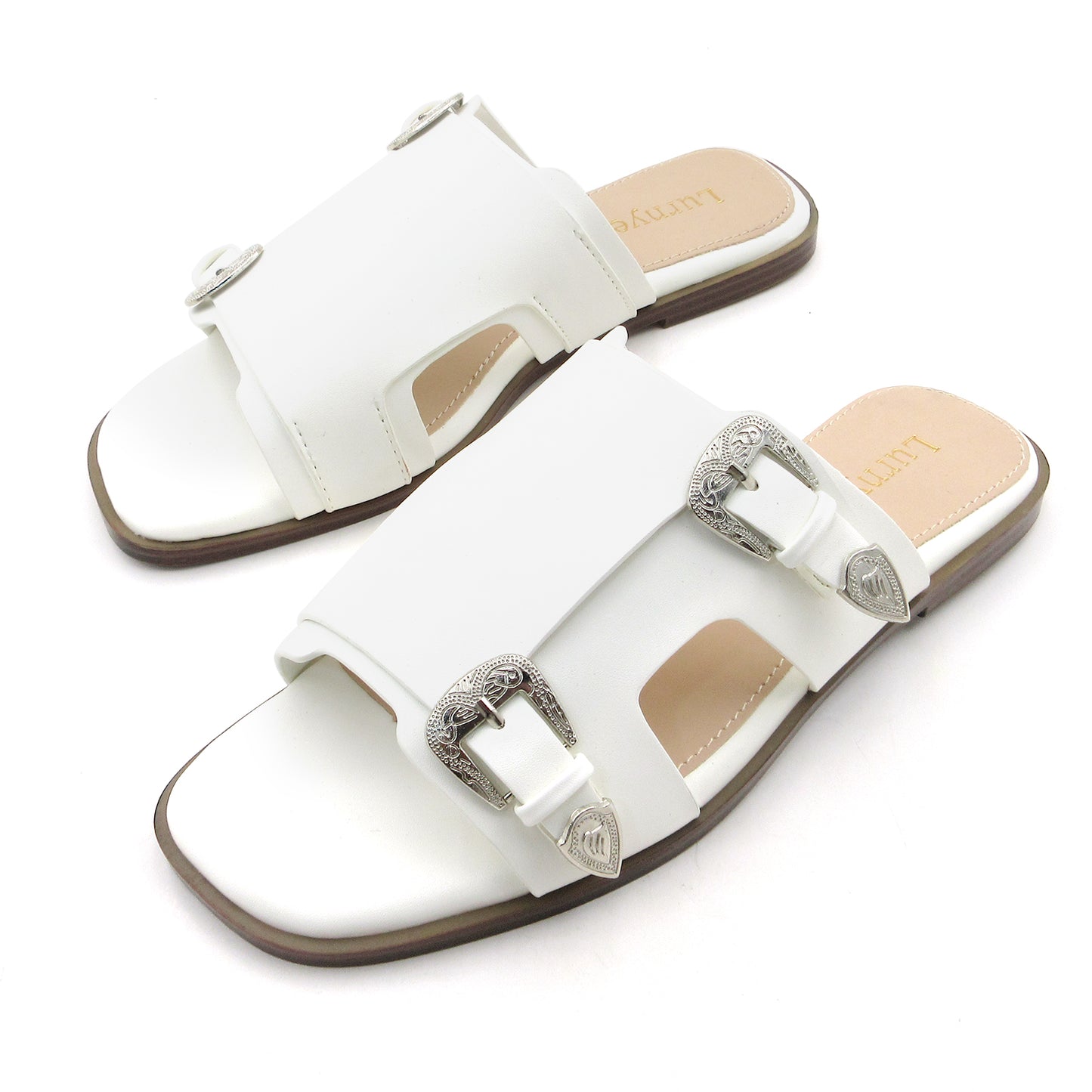 Women's Double Buckle Comfort Cushion Slide Sandals with Western Buckle: Stylish Design, Non-Slip Rubber Sole, Latex Insole for Comfort, Perfect for Shopping, Parties, and Casual Outings