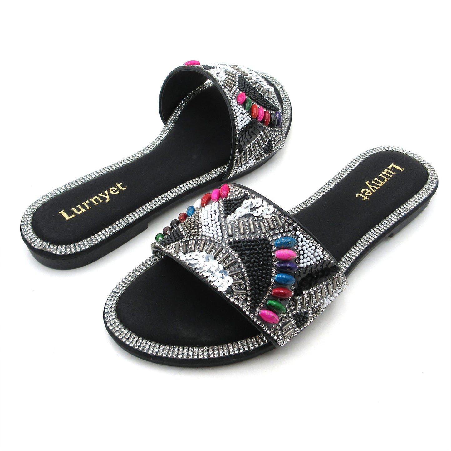 Women's Rhinestone Crystal Embellished and Beaded Comfort Cushion Slide Sandals with Multicolor Gemstone Accents: Perfect for Parties, Gatherings, Casual Wear, Vacations, and Beach Days
