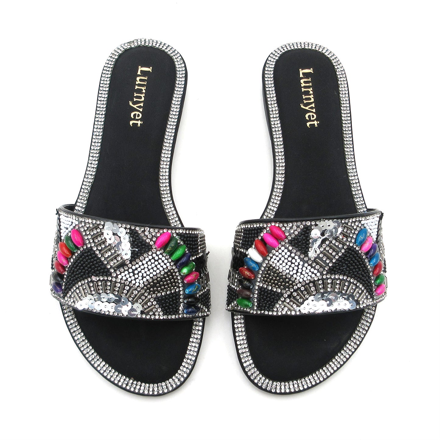 Women's Rhinestone Crystal Embellished and Beaded Comfort Cushion Slide Sandals with Multicolor Gemstone Accents: Perfect for Parties, Gatherings, Casual Wear, Vacations, and Beach Days