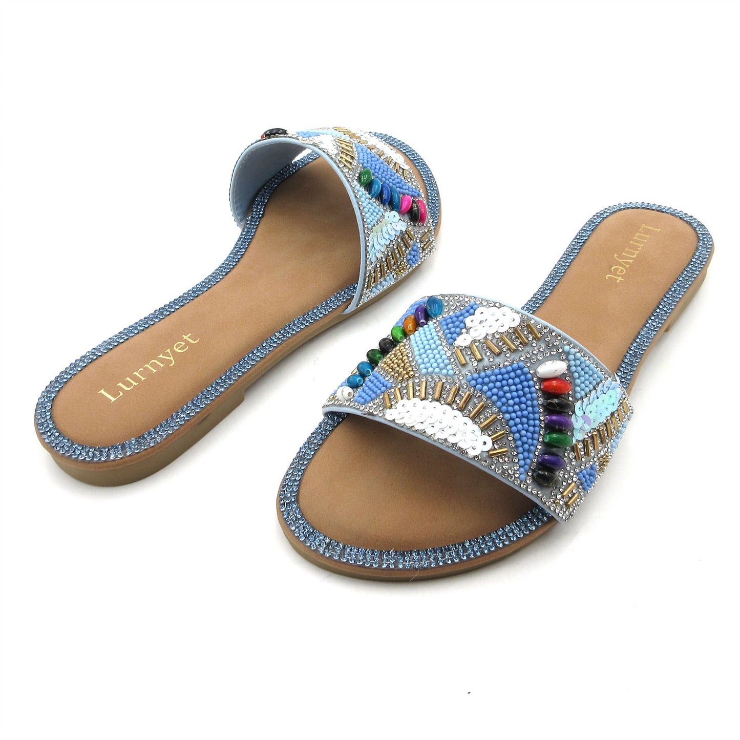 Women's Rhinestone Crystal Embellished and Beaded Comfort Cushion Slide Sandals with Multicolor Gemstone Accents: Perfect for Parties, Gatherings, Casual Wear, Vacations, and Beach Days
