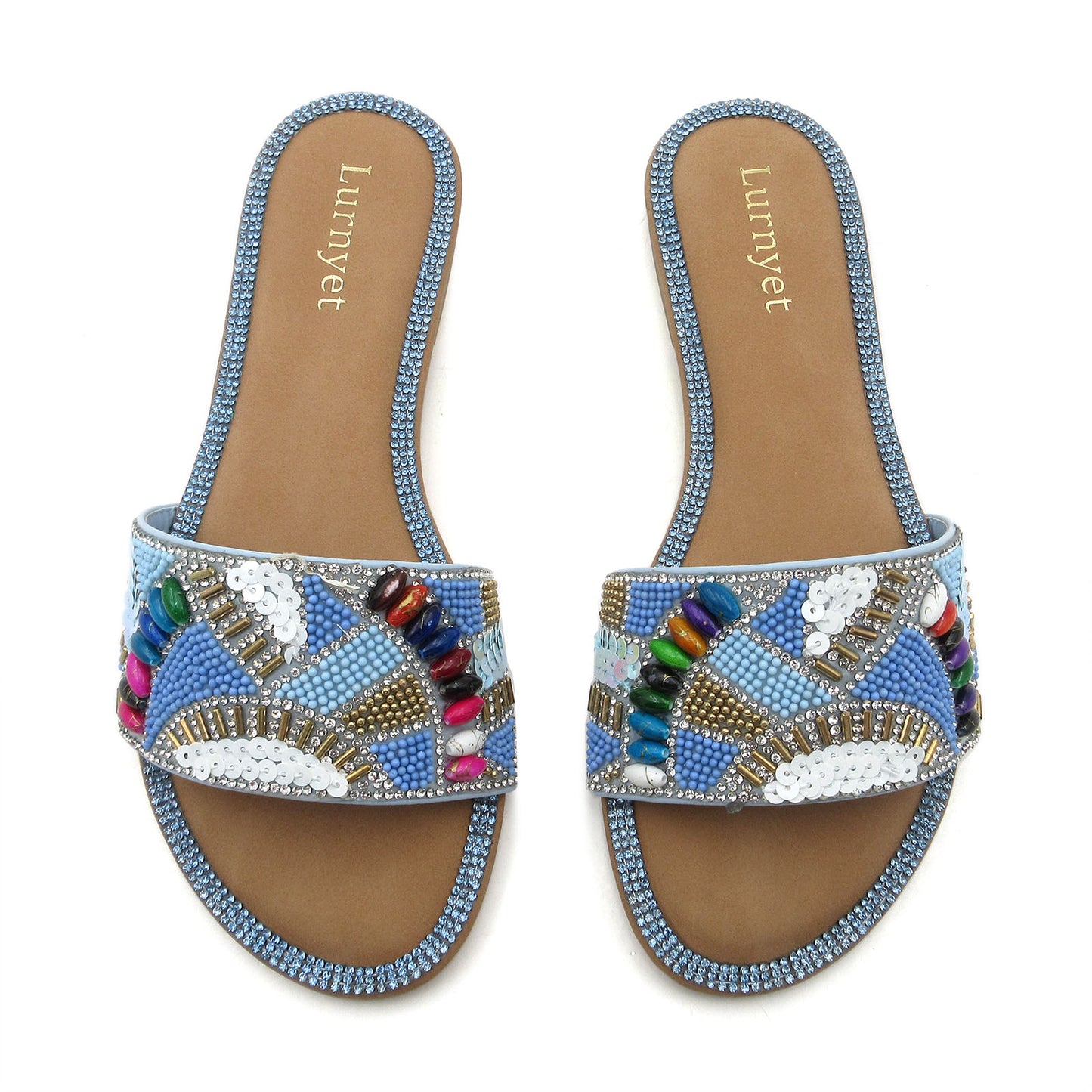 Women's Rhinestone Crystal Embellished and Beaded Comfort Cushion Slide Sandals with Multicolor Gemstone Accents: Perfect for Parties, Gatherings, Casual Wear, Vacations, and Beach Days