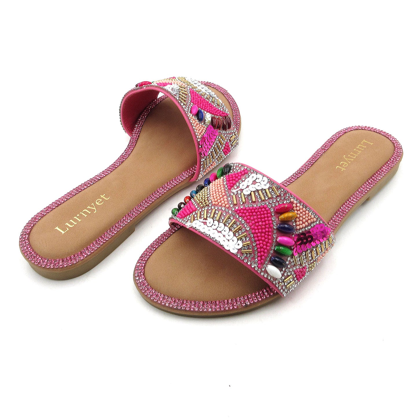 Women's Rhinestone Crystal Embellished and Beaded Comfort Cushion Slide Sandals with Multicolor Gemstone Accents: Perfect for Parties, Gatherings, Casual Wear, Vacations, and Beach Days