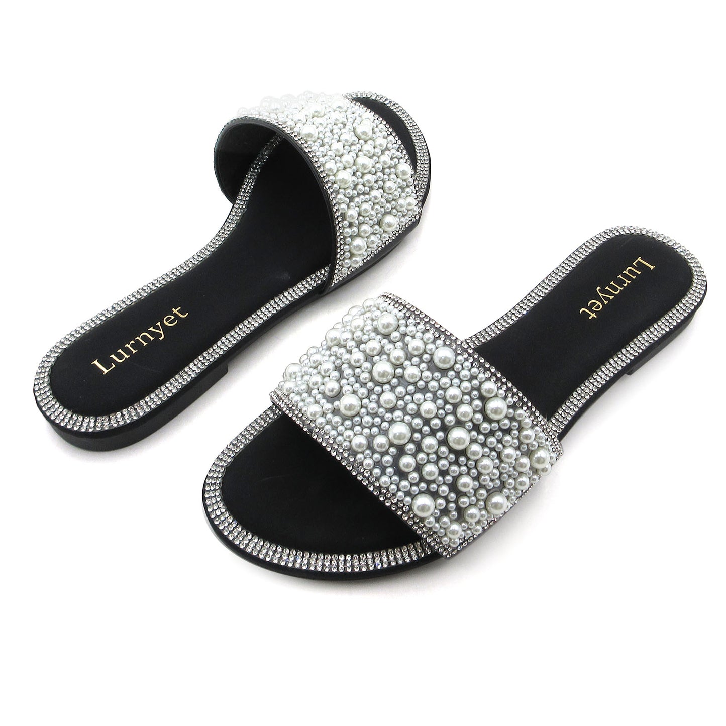 Women's Sparkle Pearl Flat Sandals with Rhinestone Slip On Slippers Summer Casual Shoes Size 6-10