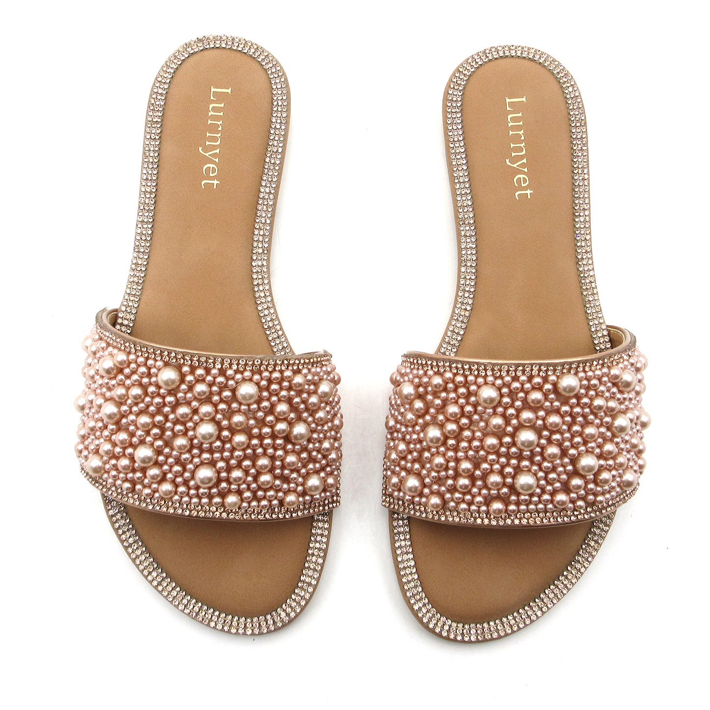 Women's Sparkle Pearl Flat Sandals with Rhinestone Slip On Slippers Summer Casual Shoes Size 6-10