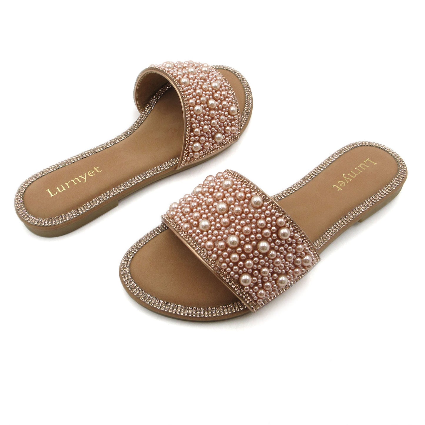 Women's Sparkle Pearl Flat Sandals with Rhinestone Slip On Slippers Summer Casual Shoes Size 6-10