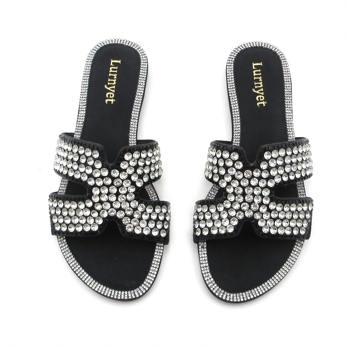 Women's Crystal Embellished Comfort Cushion Slide Sandals with H Design and Rhinestone Studded: Stylish Design, Non-Slip Rubber Sole, Latex Insole for Comfort, Perfect for Shopping, Parties, and Casual Outings