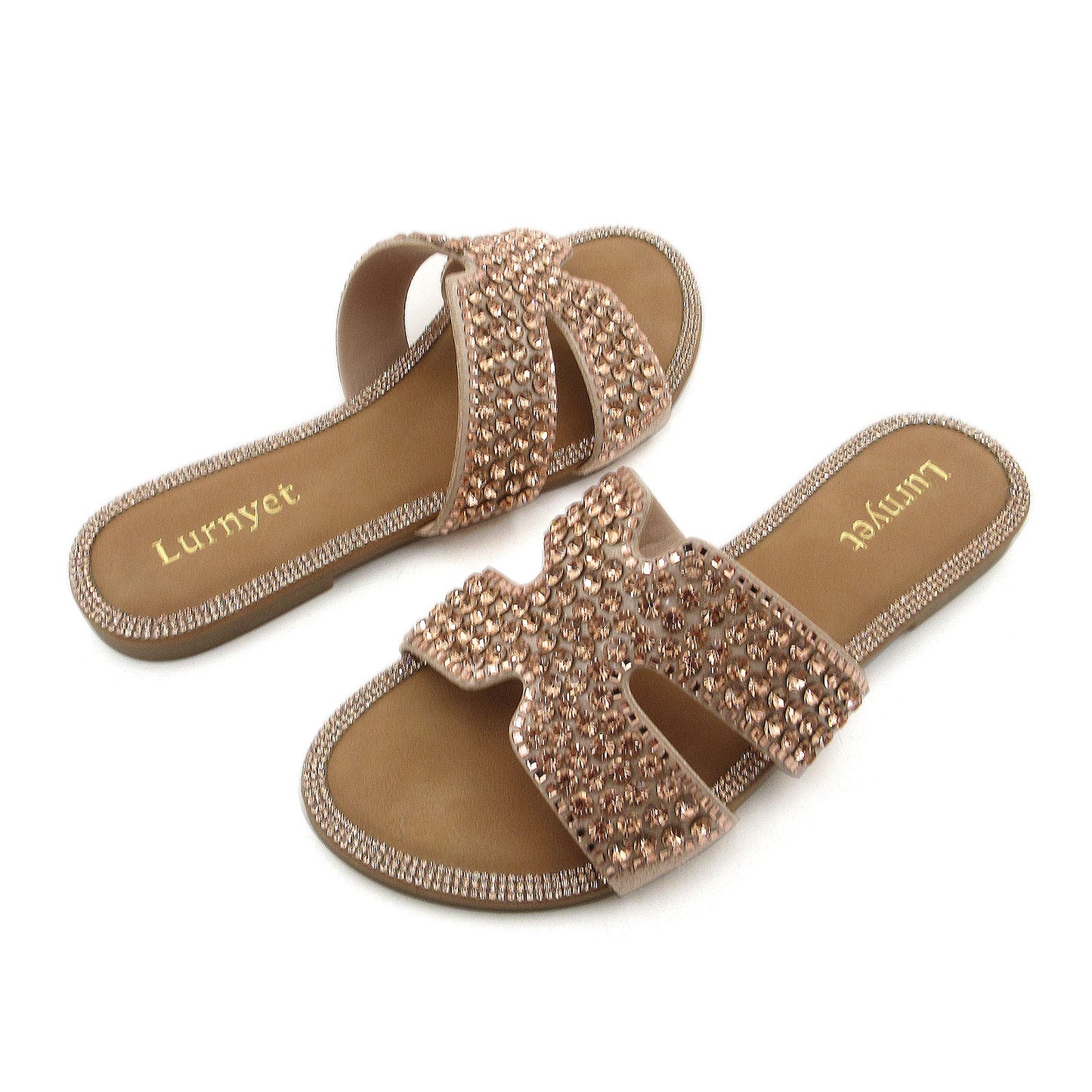 Women's Crystal Embellished Comfort Cushion Slide Sandals with H Design and Rhinestone Studded: Stylish Design, Non-Slip Rubber Sole, Latex Insole for Comfort, Perfect for Shopping, Parties, and Casual Outings