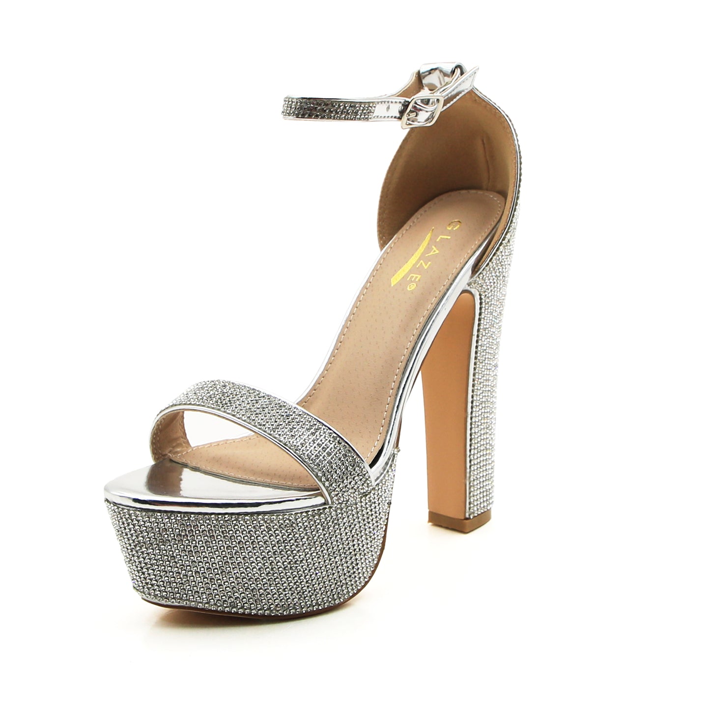 Glittering Gold Platform Heels with Ankle Strap, Block Heel