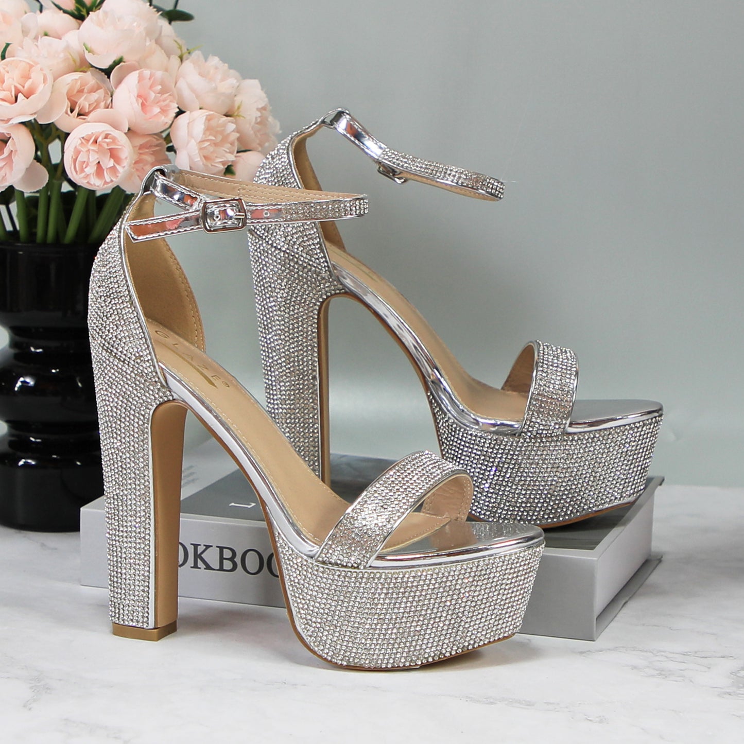 Glittering Gold Platform Heels with Ankle Strap, Block Heel