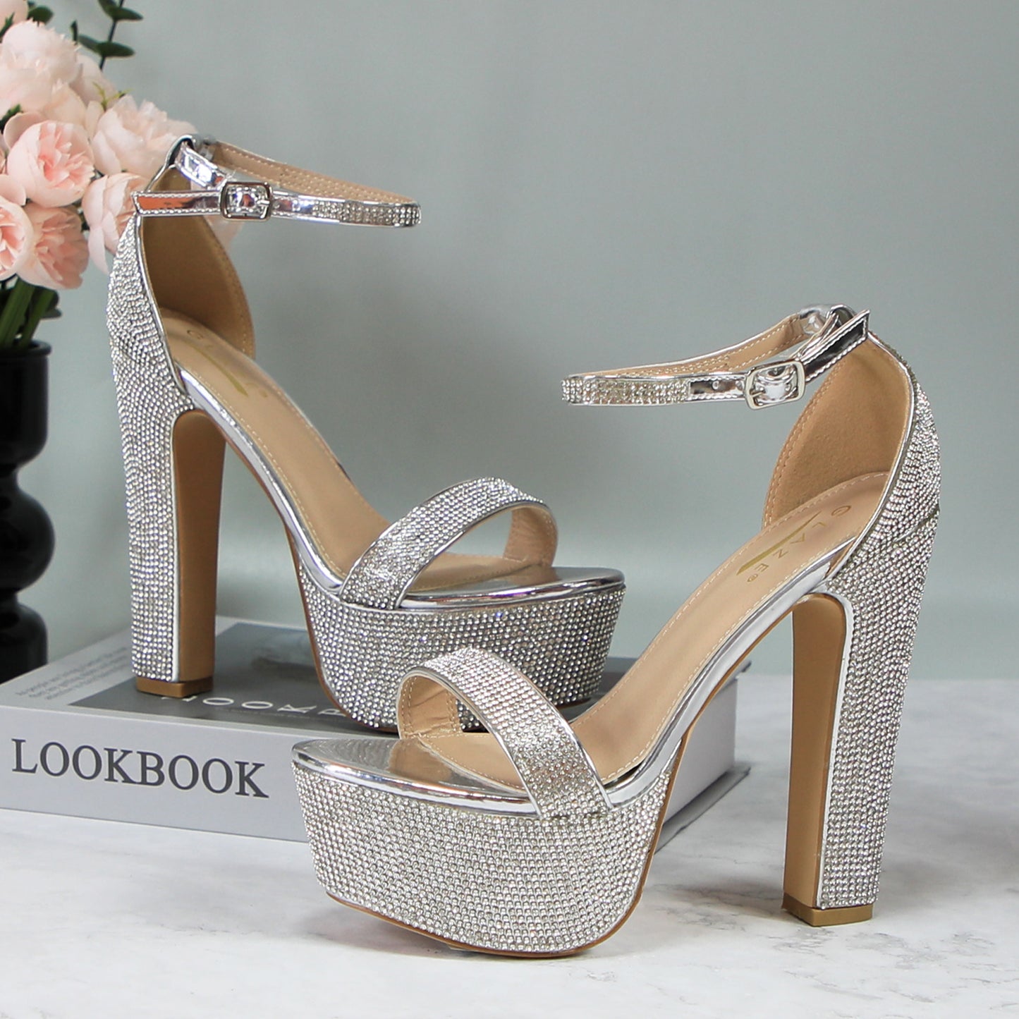 Glittering Gold Platform Heels with Ankle Strap, Block Heel