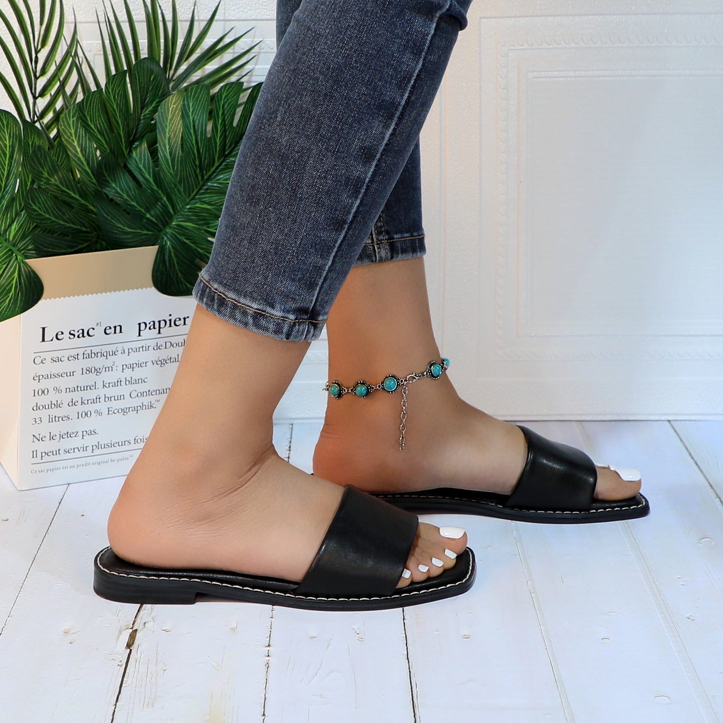 Women's Slide Sandals Fashion Square Open Toe with Cushioned Footbed Slippers for Beach Size