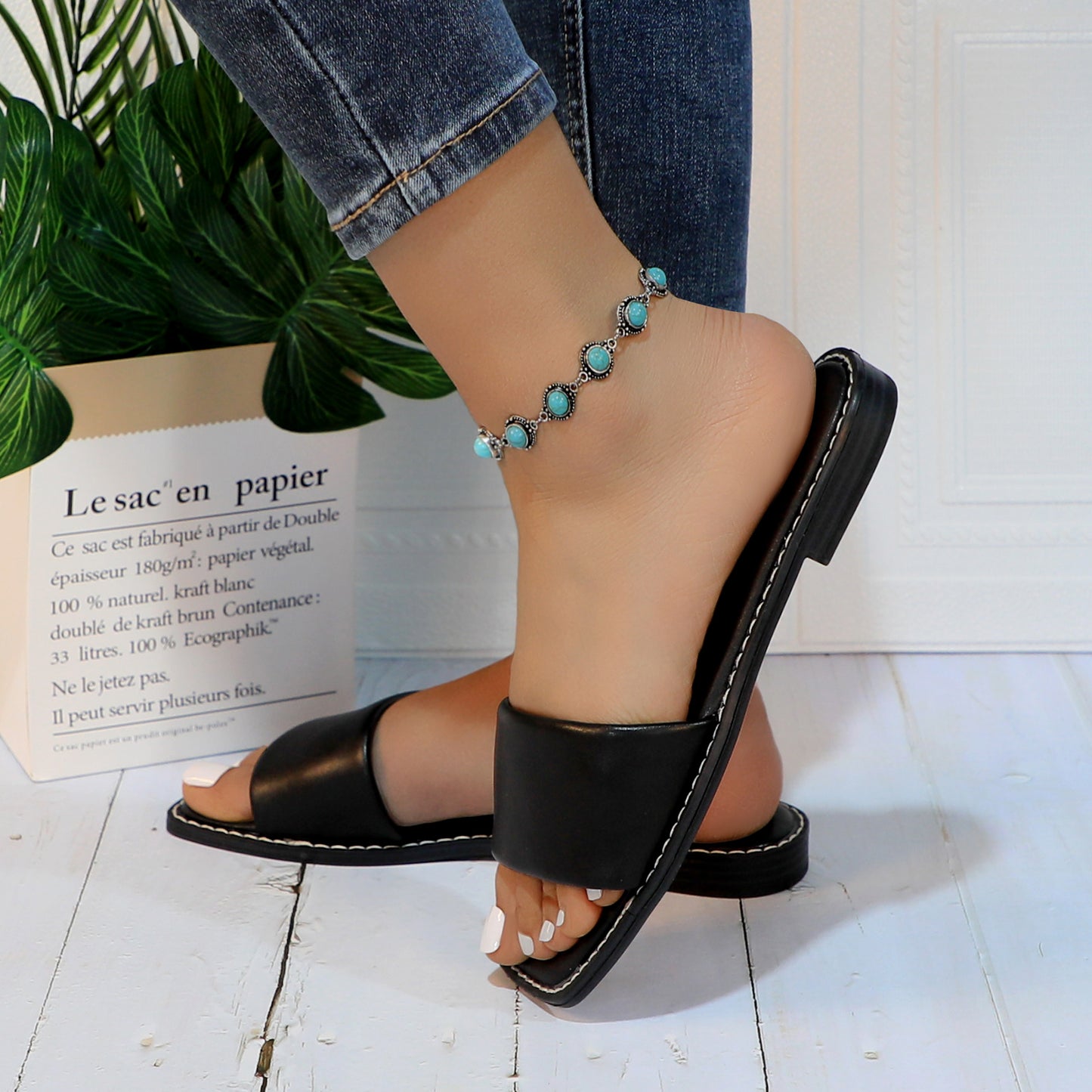 Women's Slide Sandals Fashion Square Open Toe with Cushioned Footbed Slippers for Beach Size