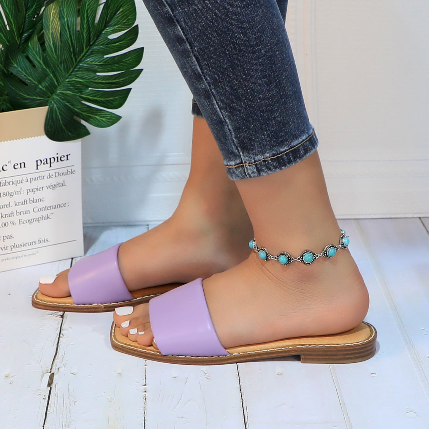 Women's Slide Sandals Fashion Square Open Toe with Cushioned Footbed Slippers for Beach Size