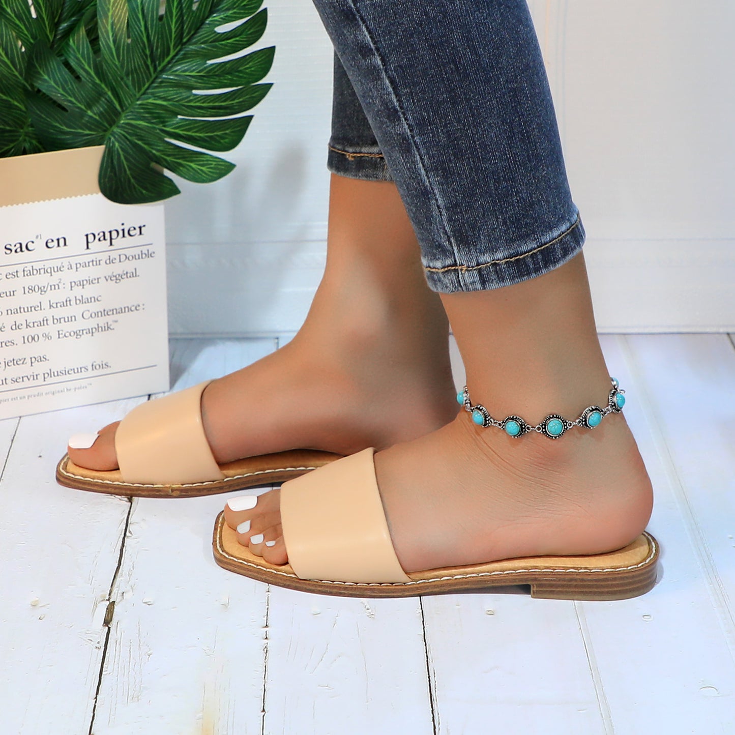 Women's Slide Sandals Fashion Square Open Toe with Cushioned Footbed Slippers for Beach Size