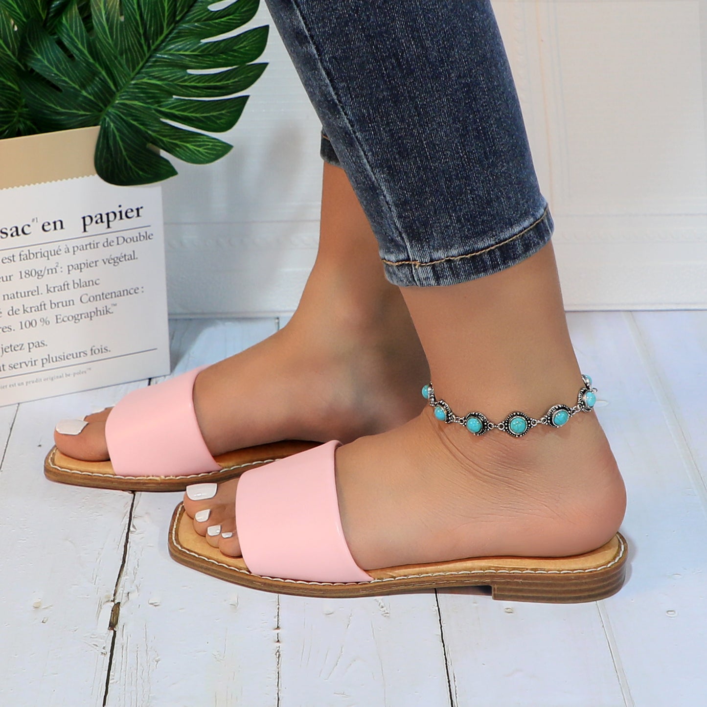 Women's Slide Sandals Fashion Square Open Toe with Cushioned Footbed Slippers for Beach Size