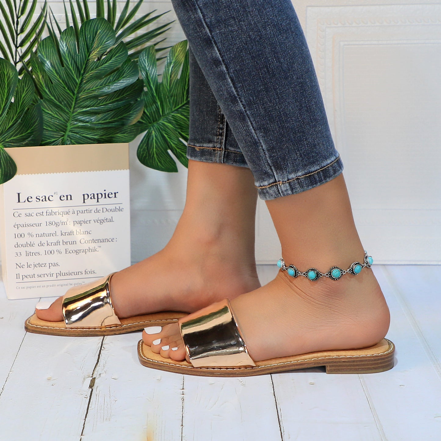 Women's Slide Sandals Fashion Square Open Toe with Cushioned Footbed Slippers for Beach Size
