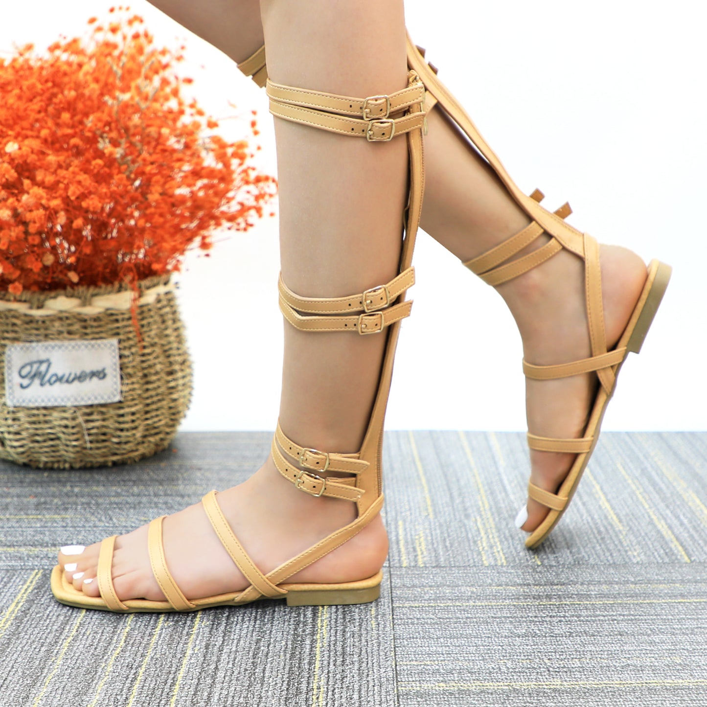 Women's Sandals Flat Sandals,Gladiator Sandals Summer Lace Up Open Toe Fashion Knee High Flat Sandals Gladiator Sandalsv