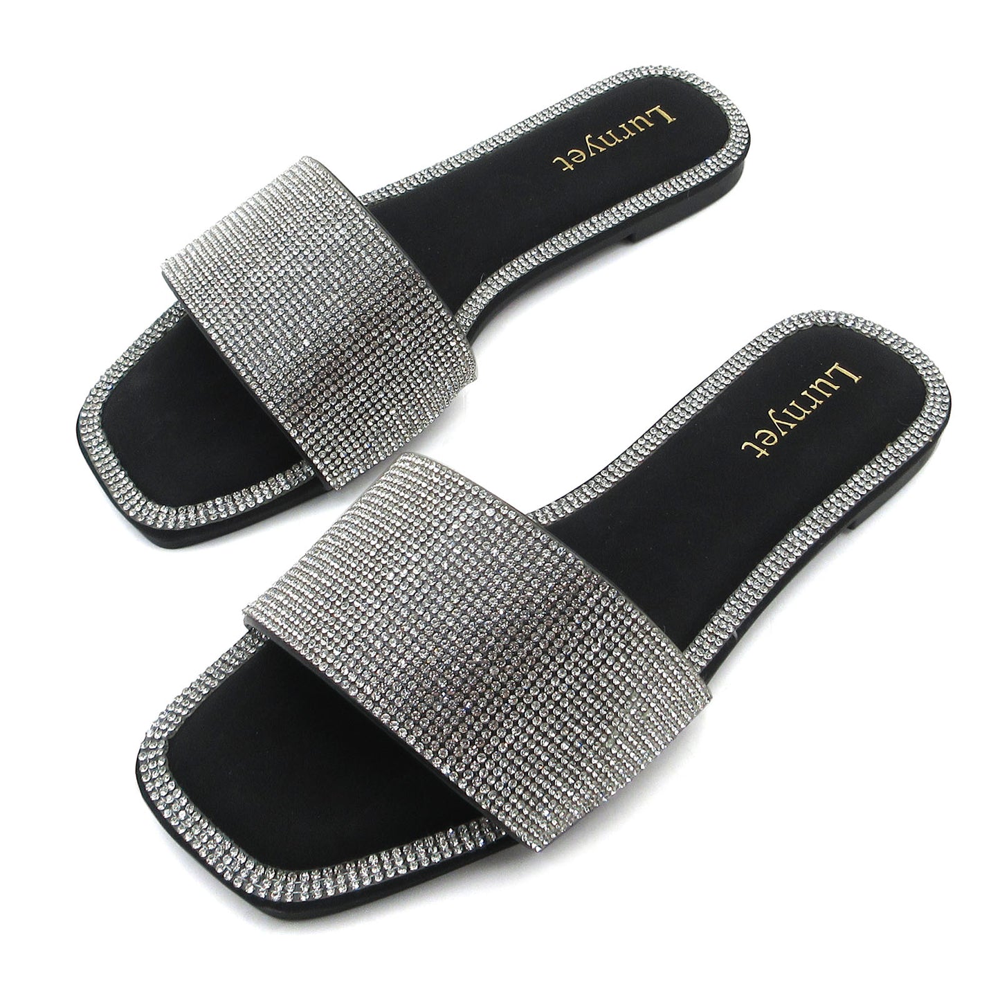Women's Rhinestone Sandals Slide Casual Flat Sandal Square Open Toe Size 6-10