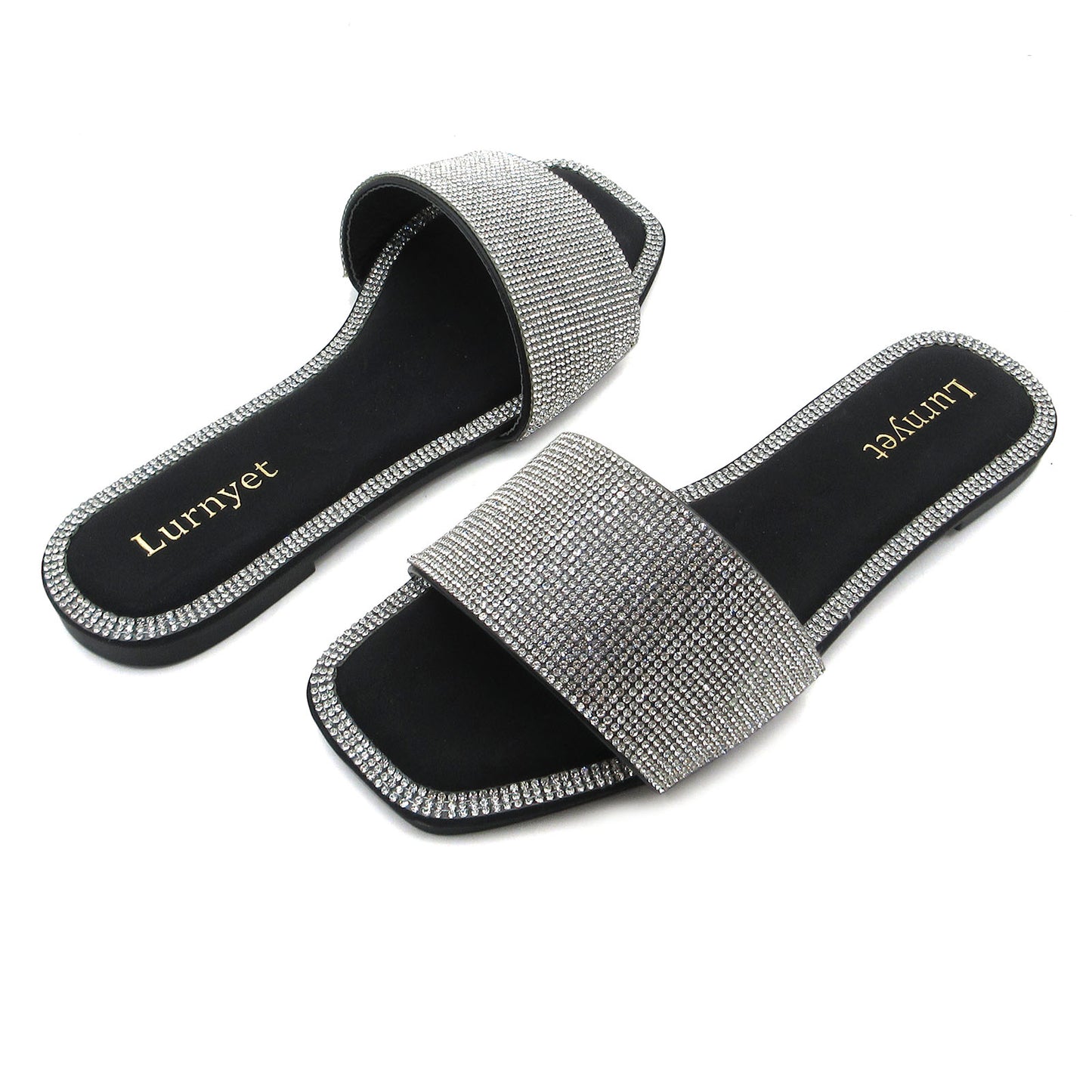 Women's Rhinestone Sandals Slide Casual Flat Sandal Square Open Toe Size 6-10