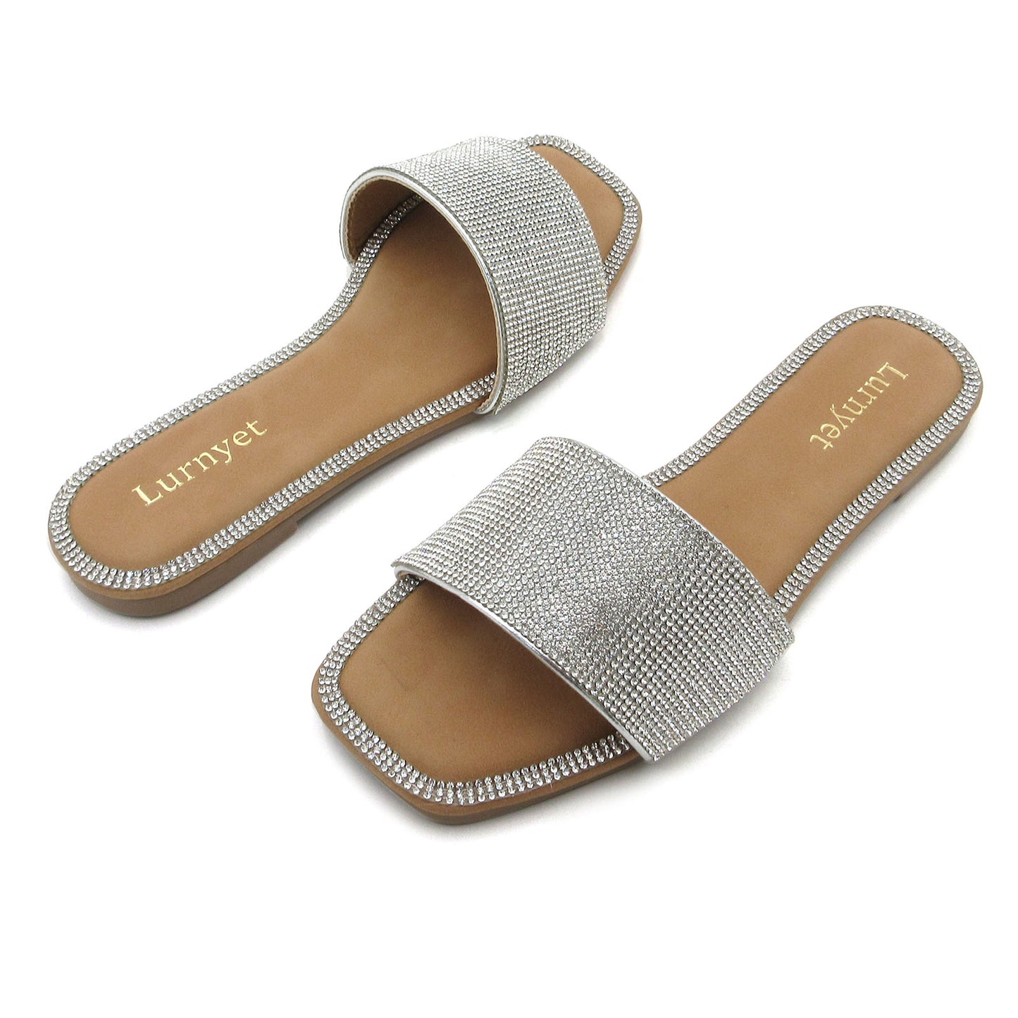 Women's Rhinestone Sandals Slide Casual Flat Sandal Square Open Toe Size 6-10