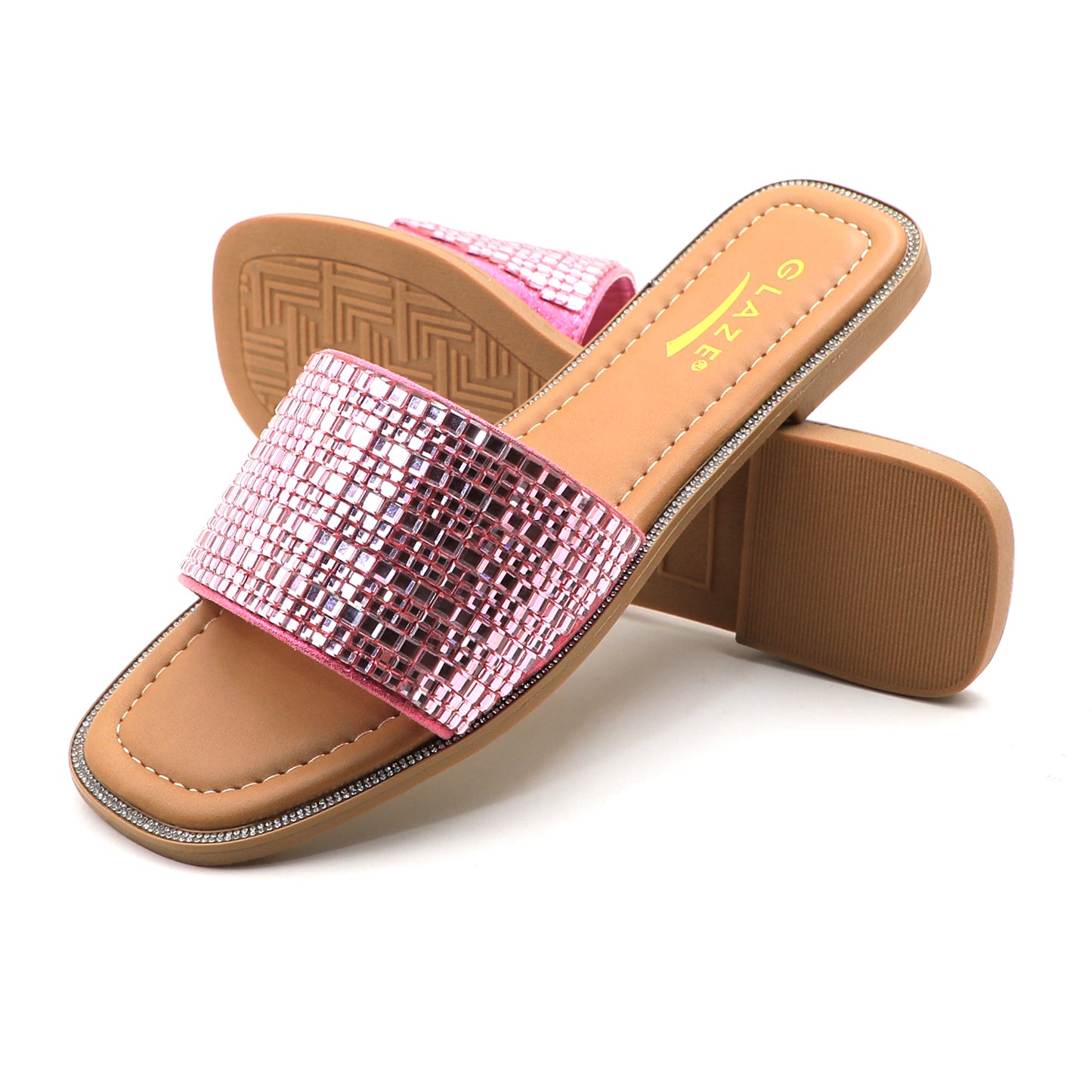 Womens Rhinestones Open Square Toe Slip-on Flat Sandal Slide