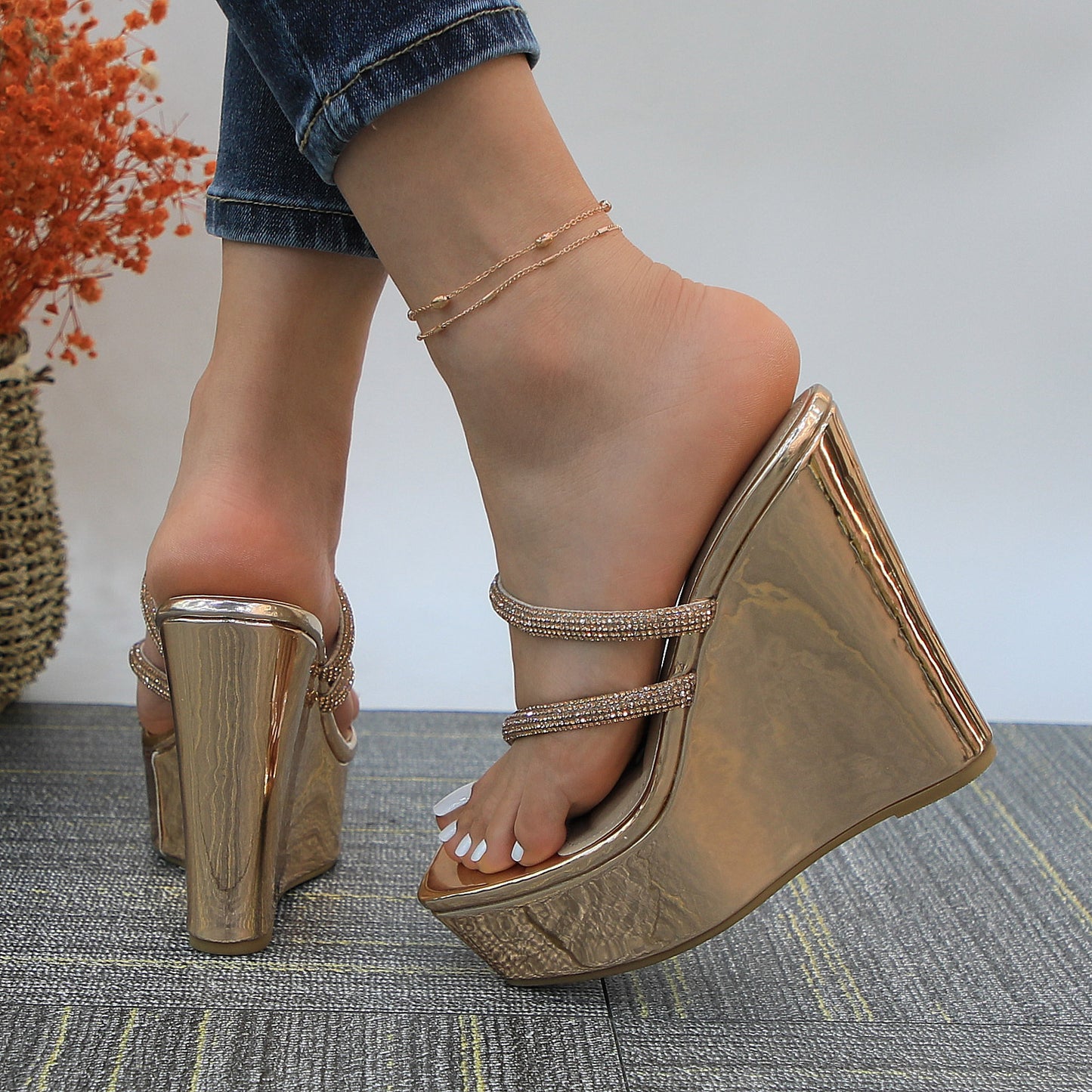 Women's Elastic Lace Slip Into Platform Slope Heel Fashion Round Open Toe Slip Resistant Platform Heightened Summer Casual Vacation Beach Sandals