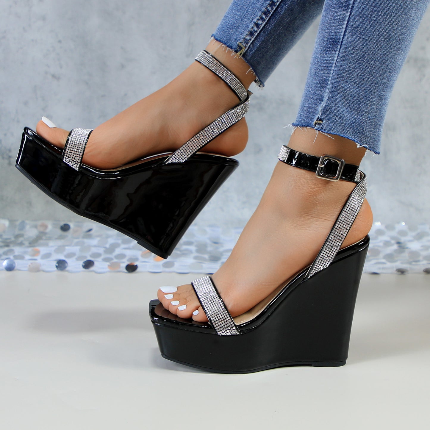 Women's Pure Buckle Wedding Sexy Round Toe Ankle Strap Wedge Heel Platform Sandals