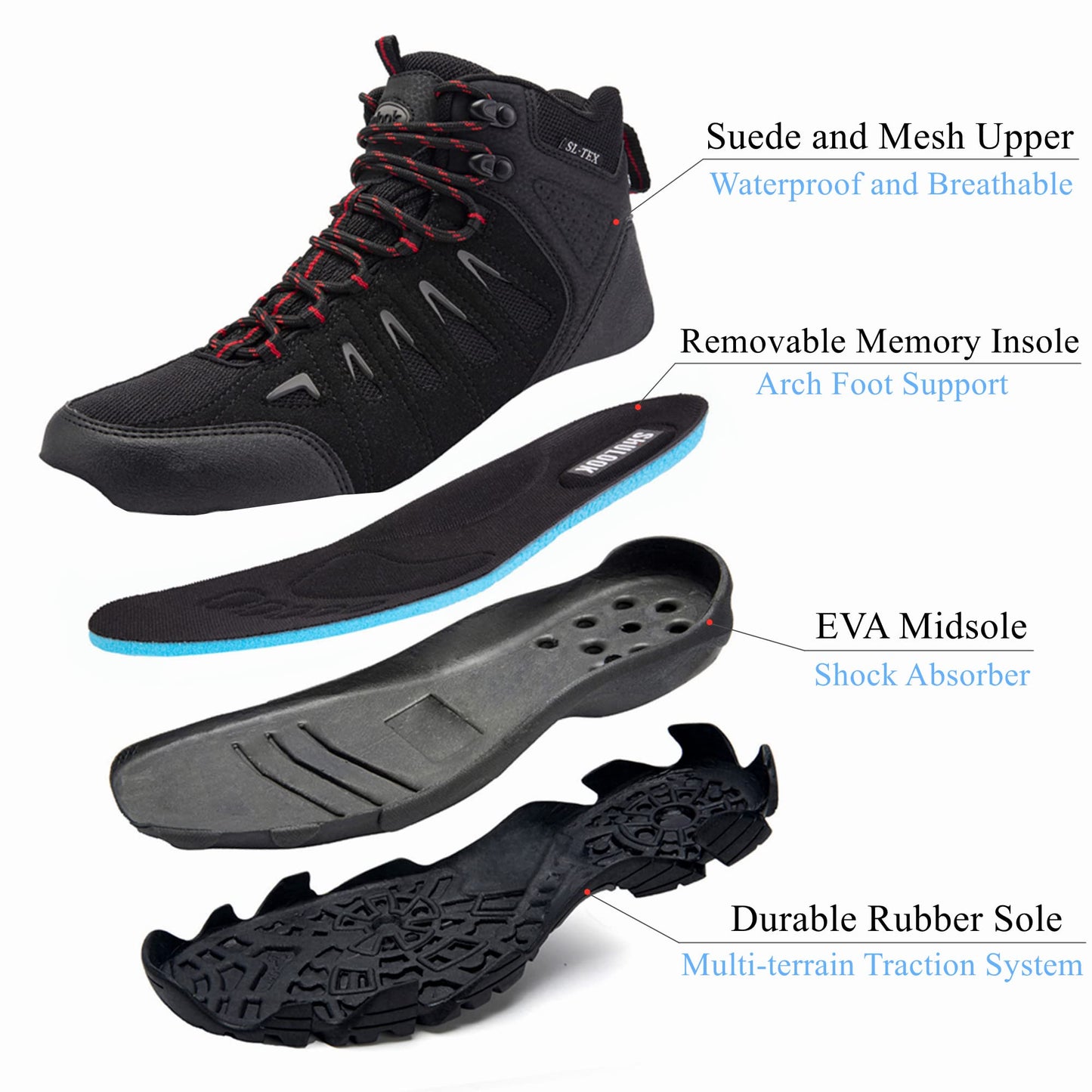 Mens Waterproof Hiking Boots Anti-slip Lightweight Outdoor Mid Top Ankle Boots