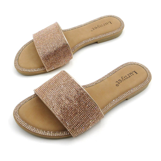 Women's Glitter Shiny Slide Sandals Fashion Round Toe Slip on Bling Slippers Size 6-10