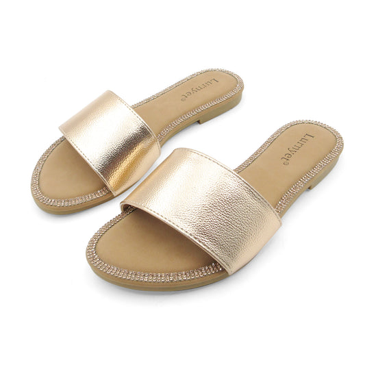 Women's Metallic Comfort Cushion Flat Sandals with Crystal Trim: Stylish design, non-slip rubber sole, latex insole comfort, perfect for parties, gatherings, casual wear, vacations and beach days.
