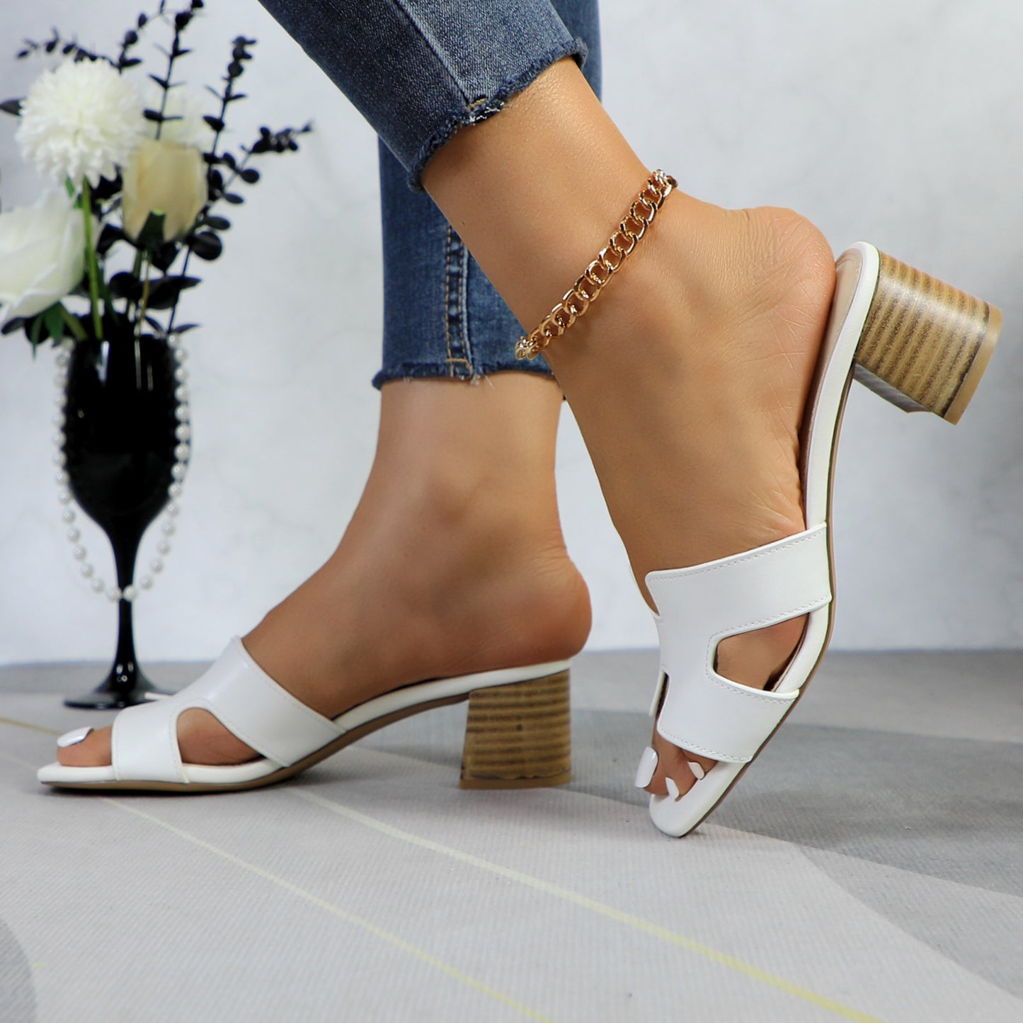 Women's comfort cushion slip on leather upper casual sandal with leather block heel: Stylish Design, Non-Slip Rubber Sole, Latex Insole for Comfort, Perfect for Shopping, Parties, and Casual Outings