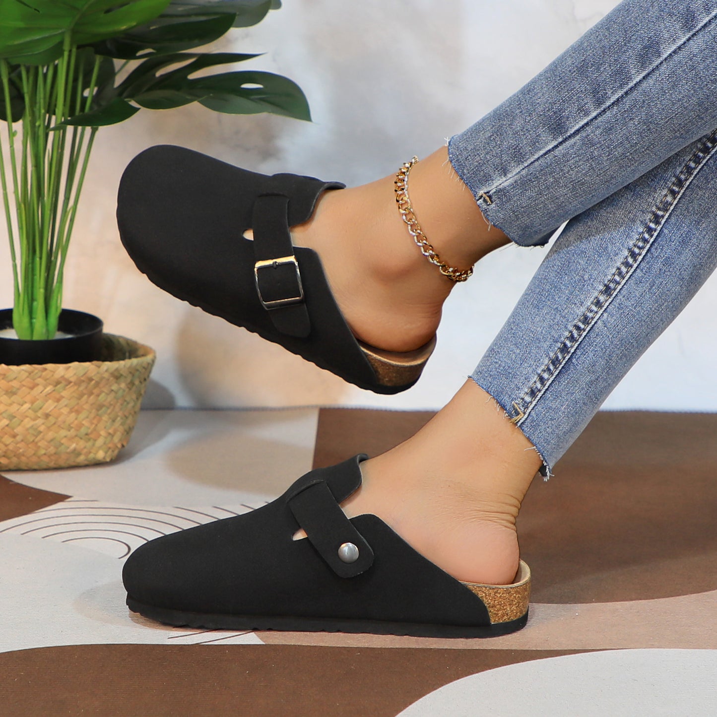 GJPBGK Suede Clogs Leather Mule Shoes Arch Support Potato with Comfortable Cork Shoe Bed