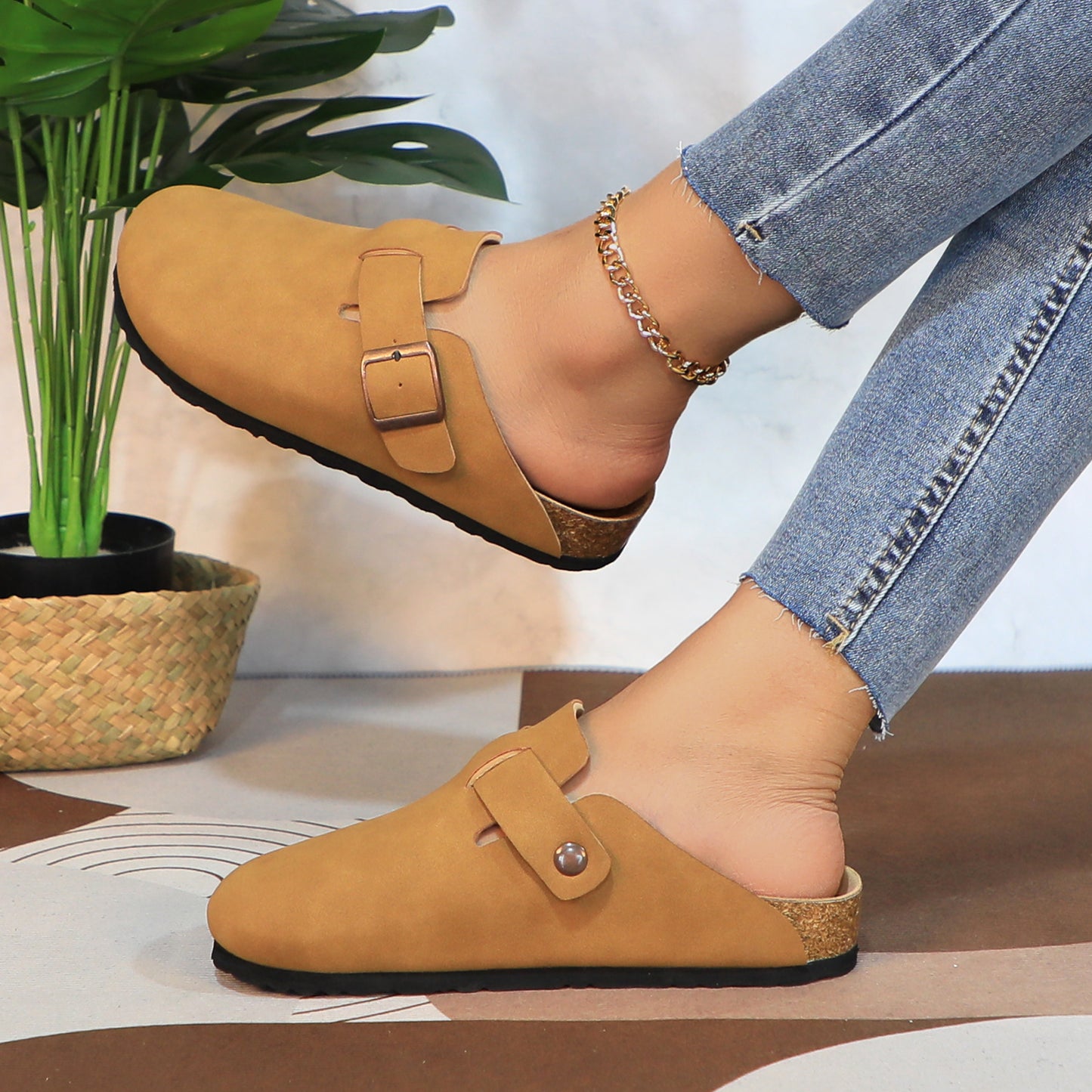 GJPBGK Suede Clogs Leather Mule Shoes Arch Support Potato with Comfortable Cork Shoe Bed