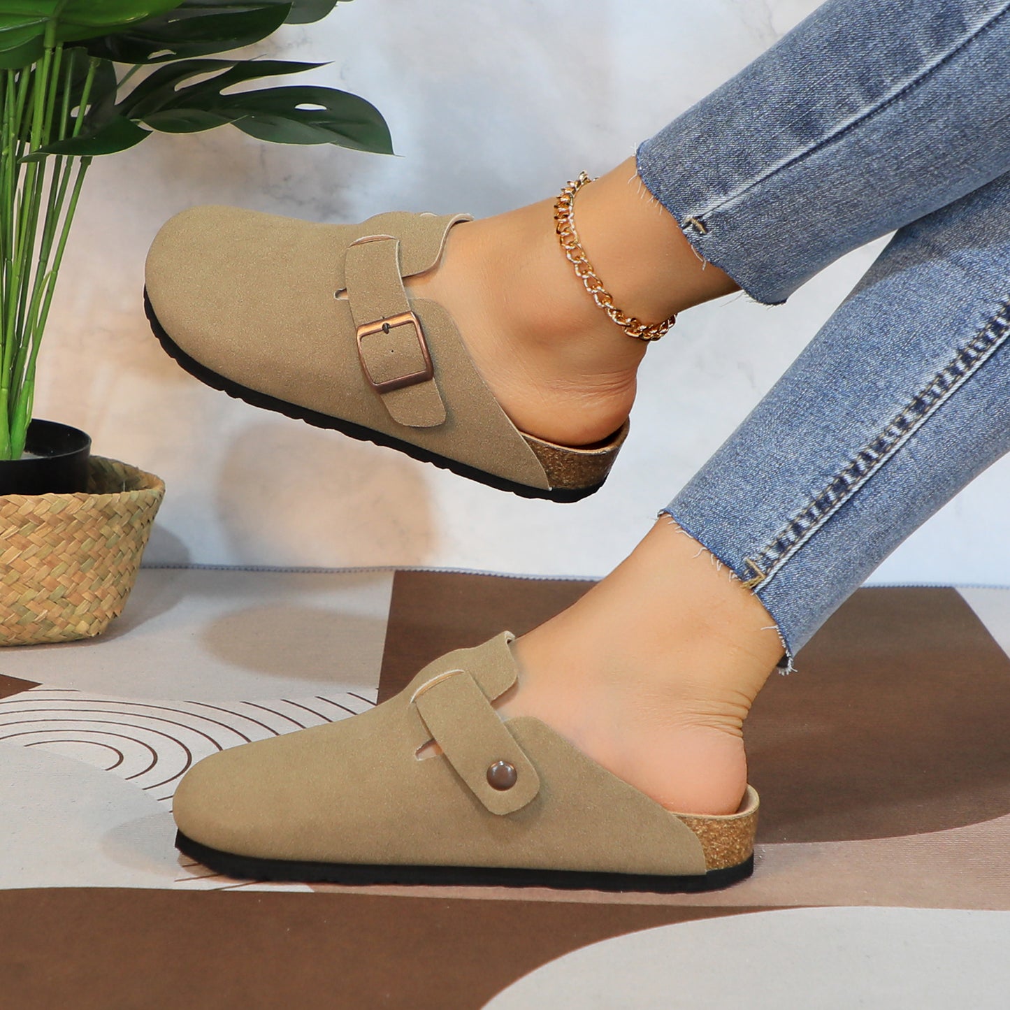 GJPBGK Suede Clogs Leather Mule Shoes Arch Support Potato with Comfortable Cork Shoe Bed