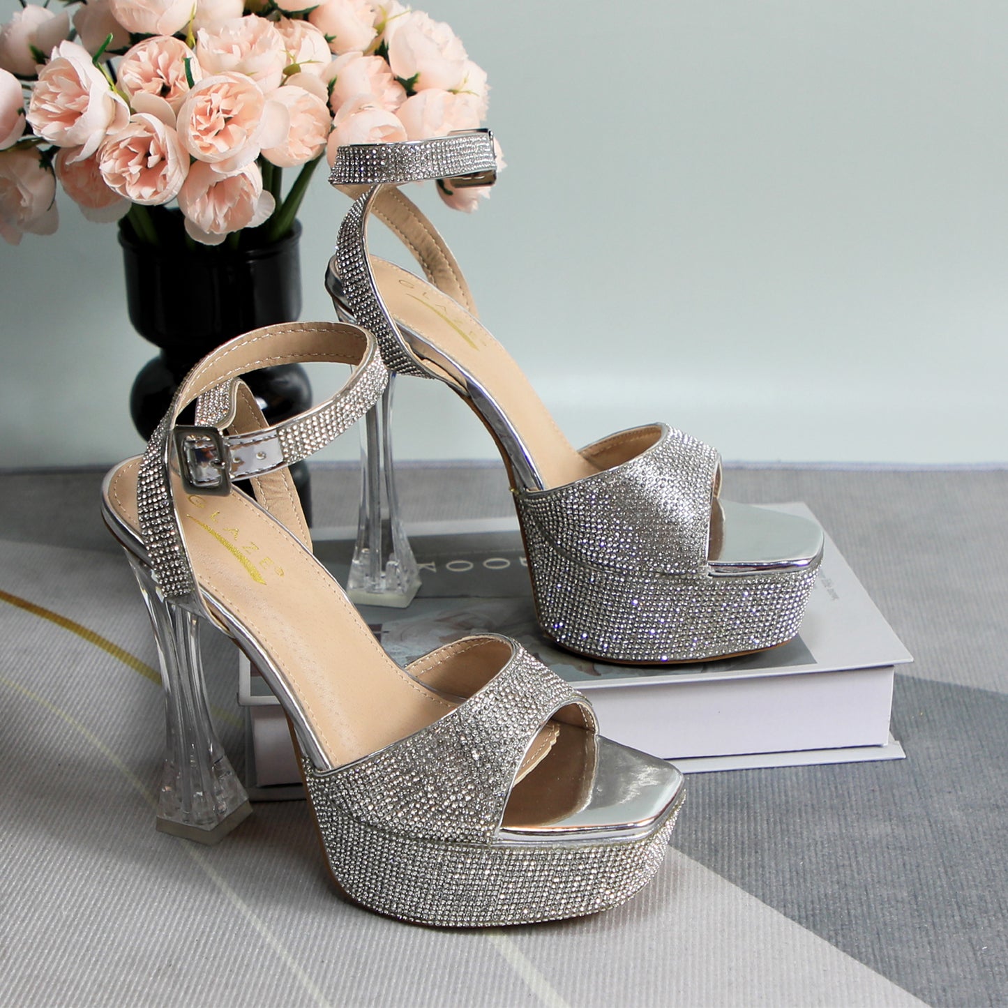 Women Platform Crystal Block Heels Sandals Open Square Toe Ankle Strap Rhinestone Studs Evening Event Party Shoes