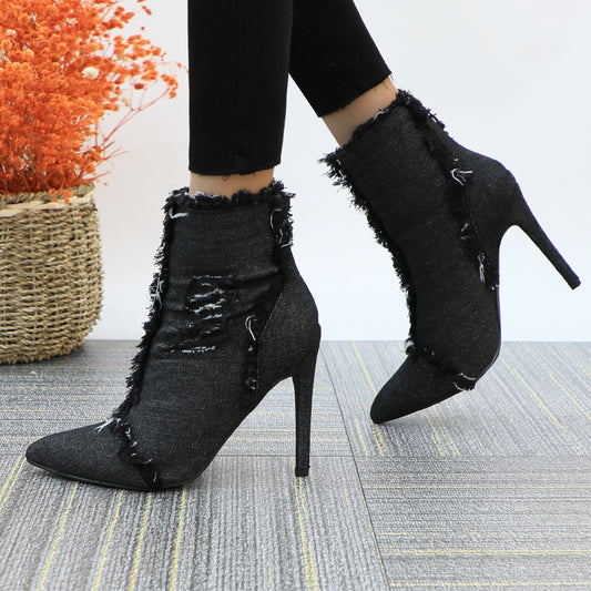 Women Fashion High Heels Pointed Toe Denim Ankle Boots Concise Short Booties