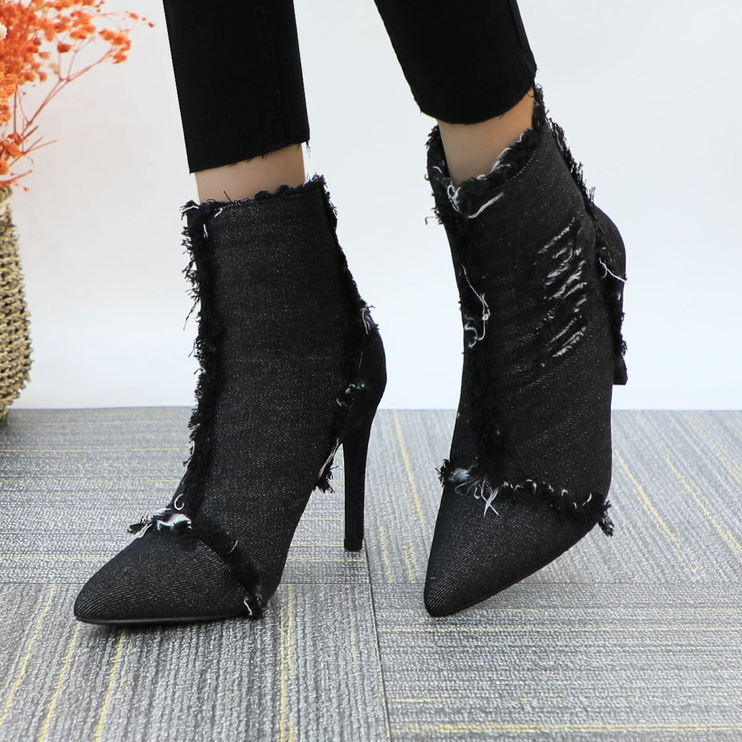 Women Fashion High Heels Pointed Toe Denim Ankle Boots Concise Short Booties