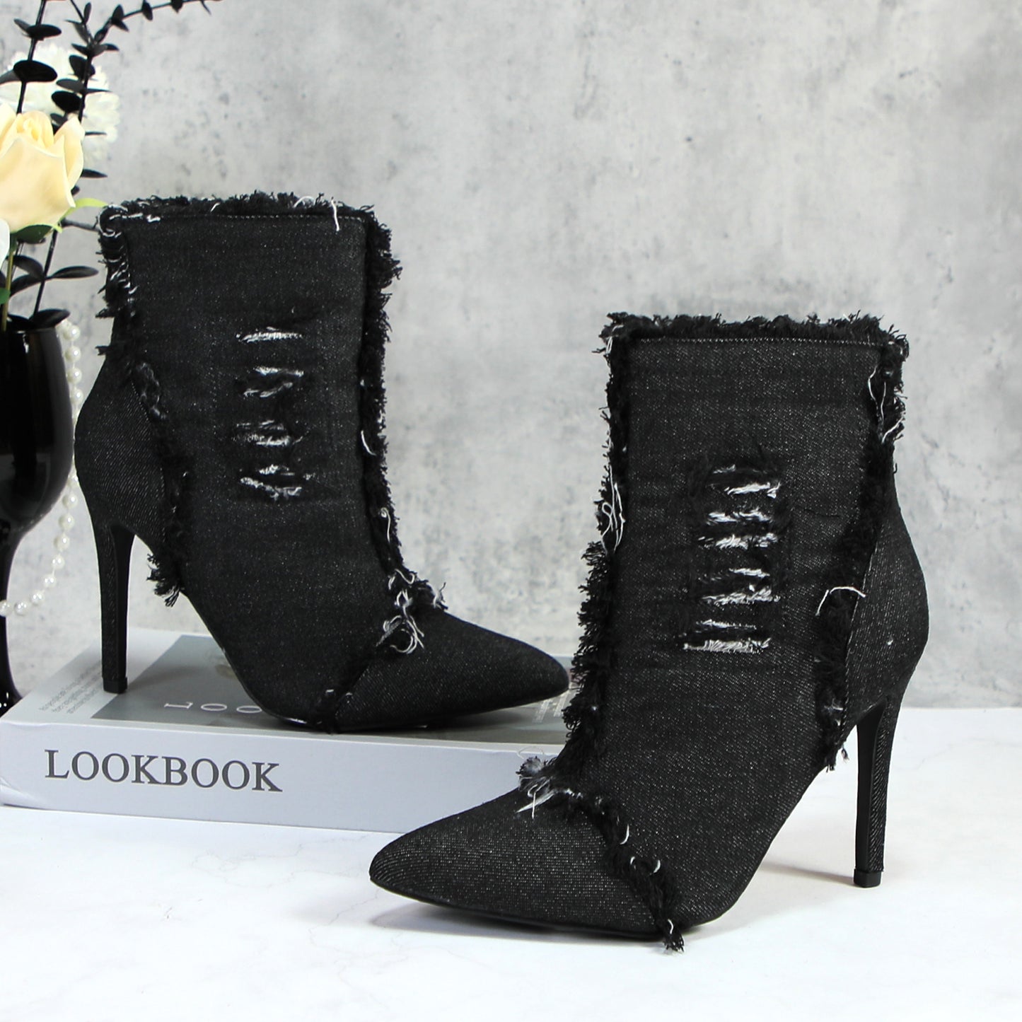 Women Fashion High Heels Pointed Toe Denim Ankle Boots Concise Short Booties