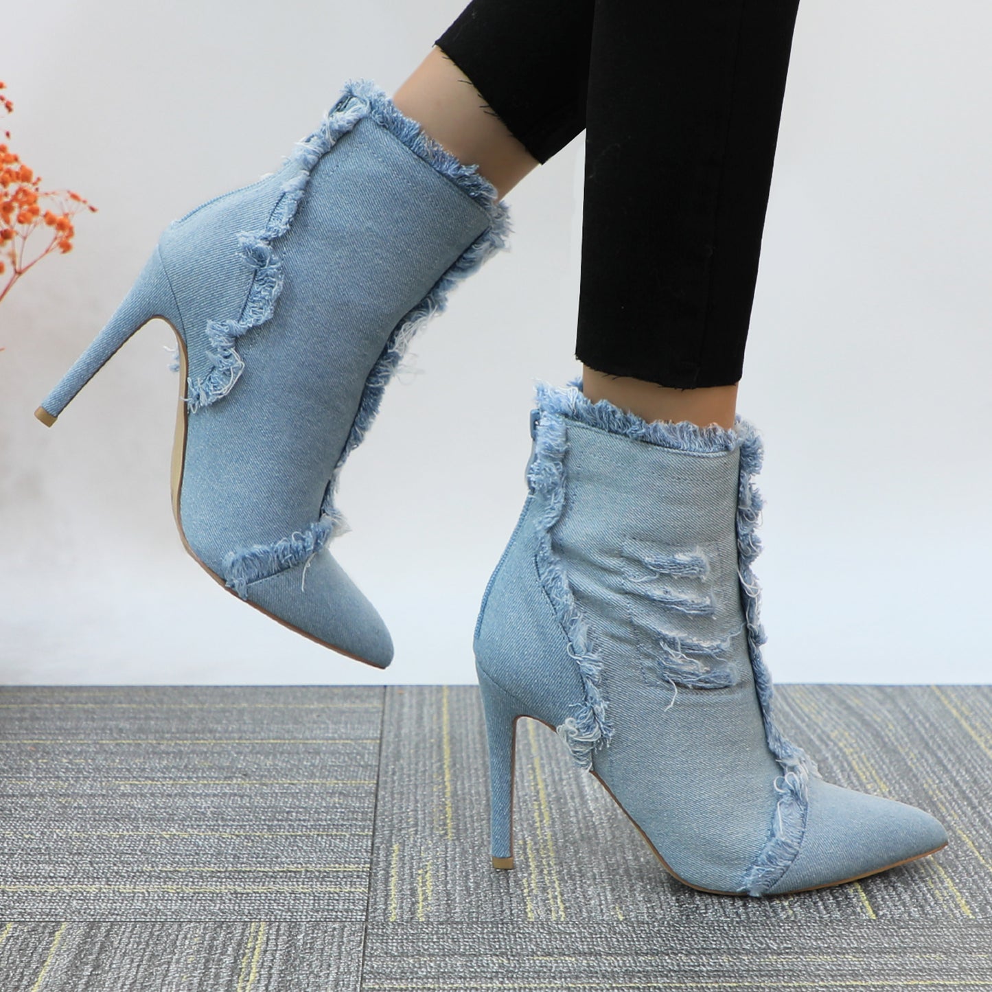 Women Fashion High Heels Pointed Toe Denim Ankle Boots Concise Short Booties