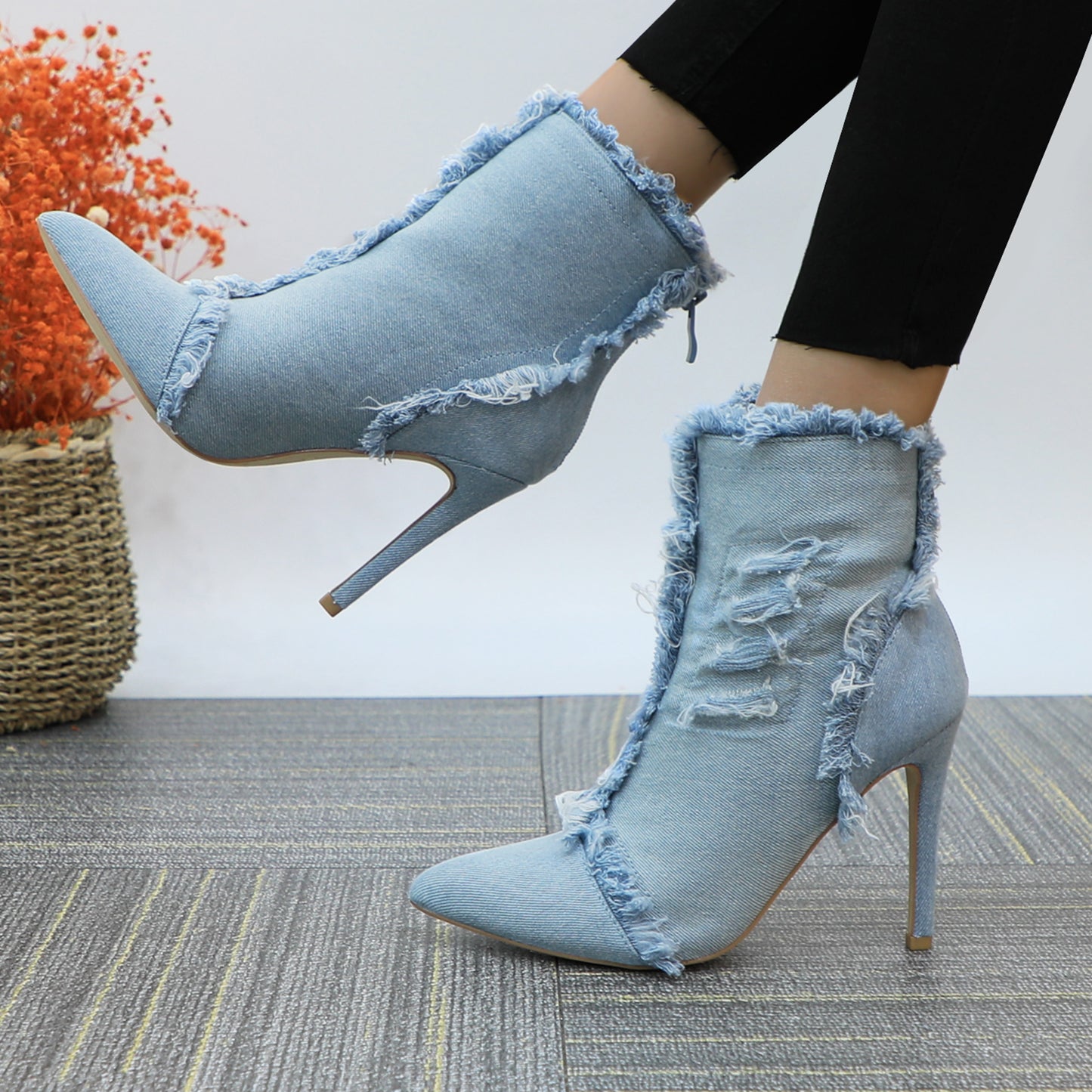 Women Fashion High Heels Pointed Toe Denim Ankle Boots Concise Short Booties