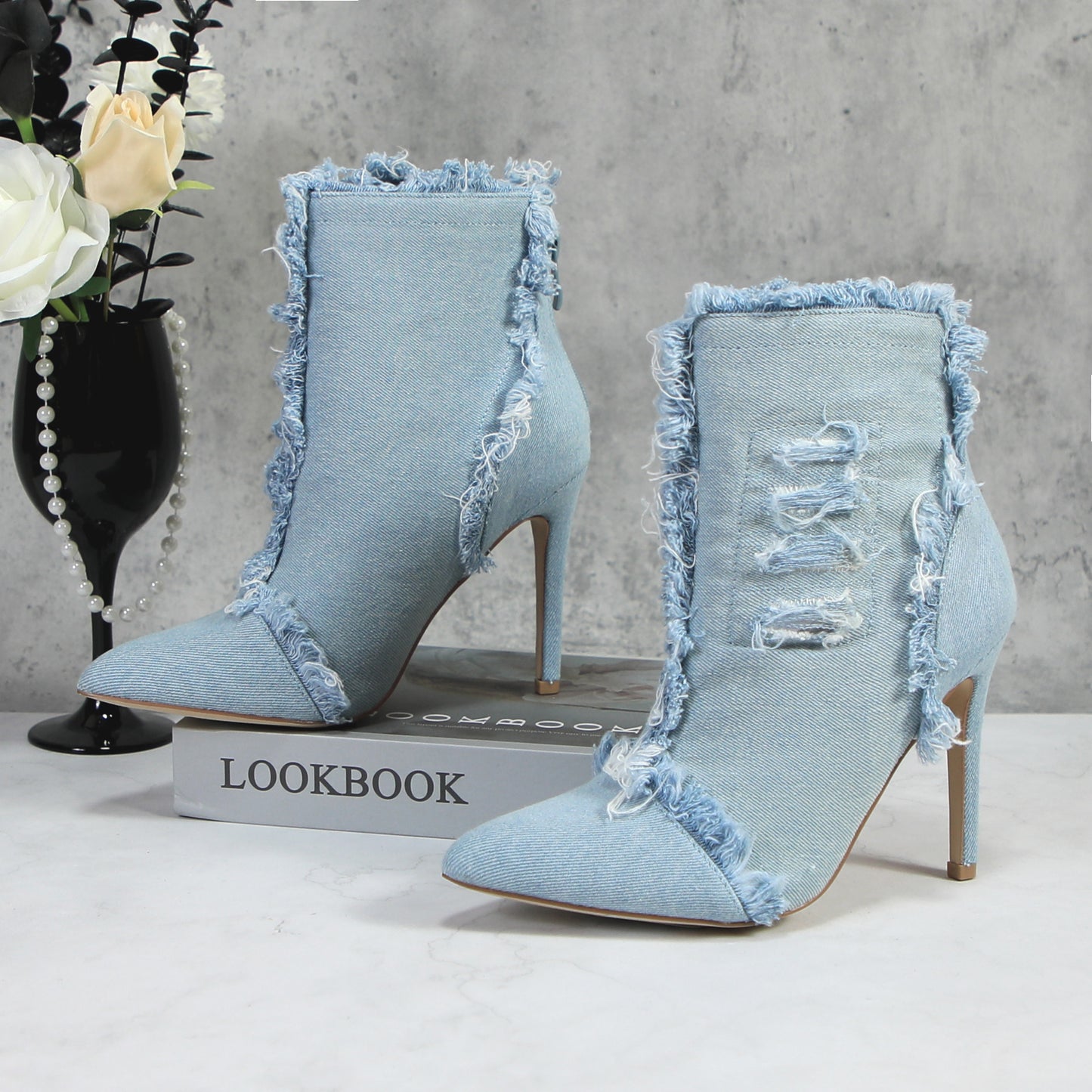 Women Fashion High Heels Pointed Toe Denim Ankle Boots Concise Short Booties
