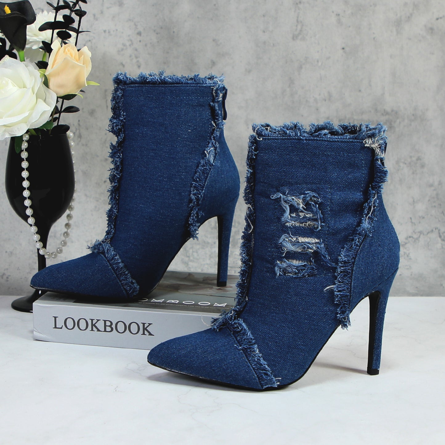 Women Fashion High Heels Pointed Toe Denim Ankle Boots Concise Short Booties